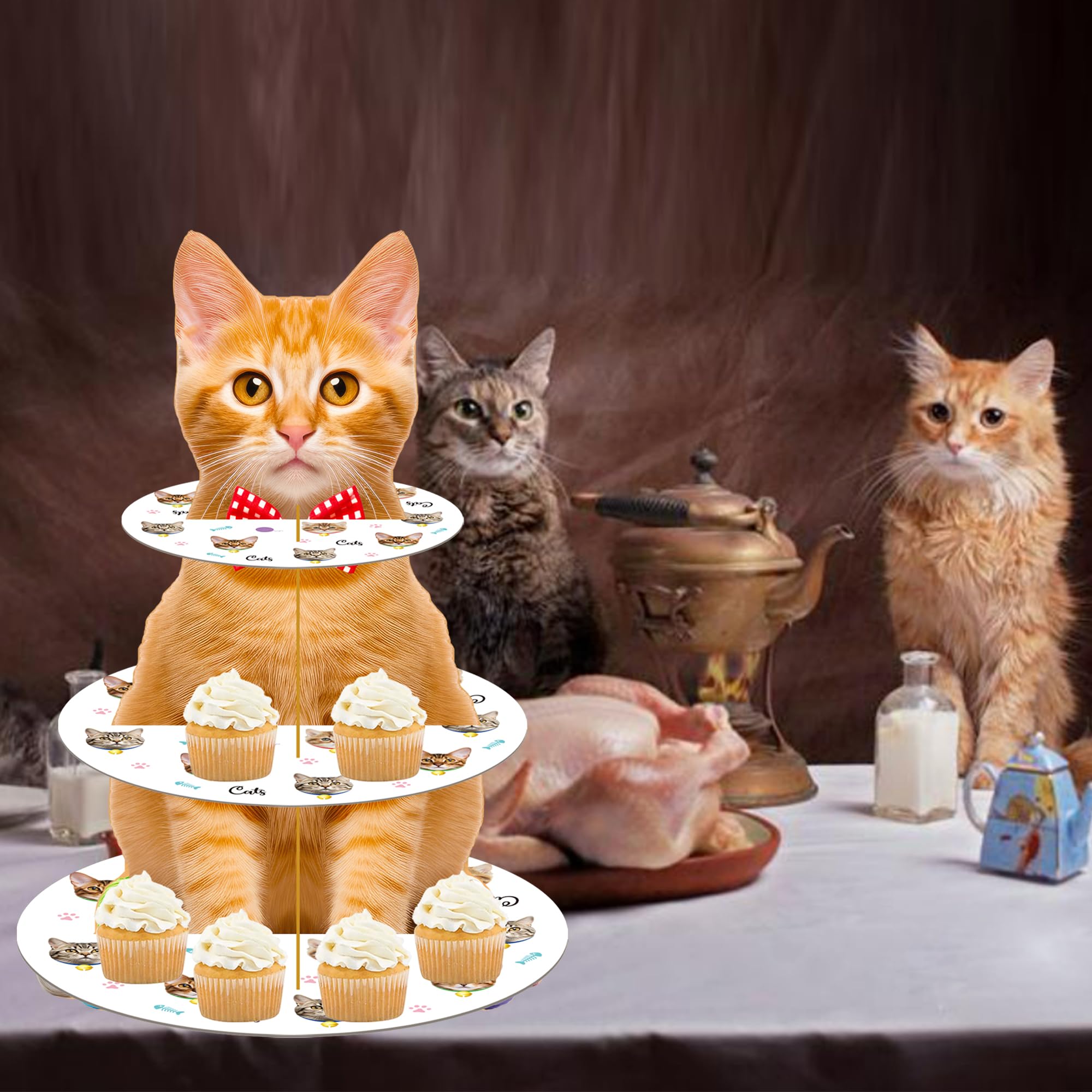 Orange Cat Cupcake Stand - 3 Tier Kitten Theme Dessert Tower for Cat Birthday Party Decorations | Perfect for Cat Lover Parties, Birthday Dessert Displays & Themed Celebrations