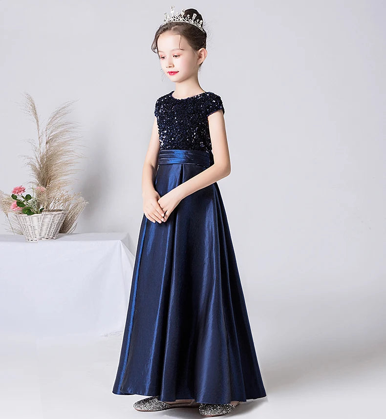 Sparkly Sequin Satin Princess Gown with Detachable Sash - Elegant Kids Birthday Party Dress for Girls, Pageant, Photo Shoot & Special Occasions