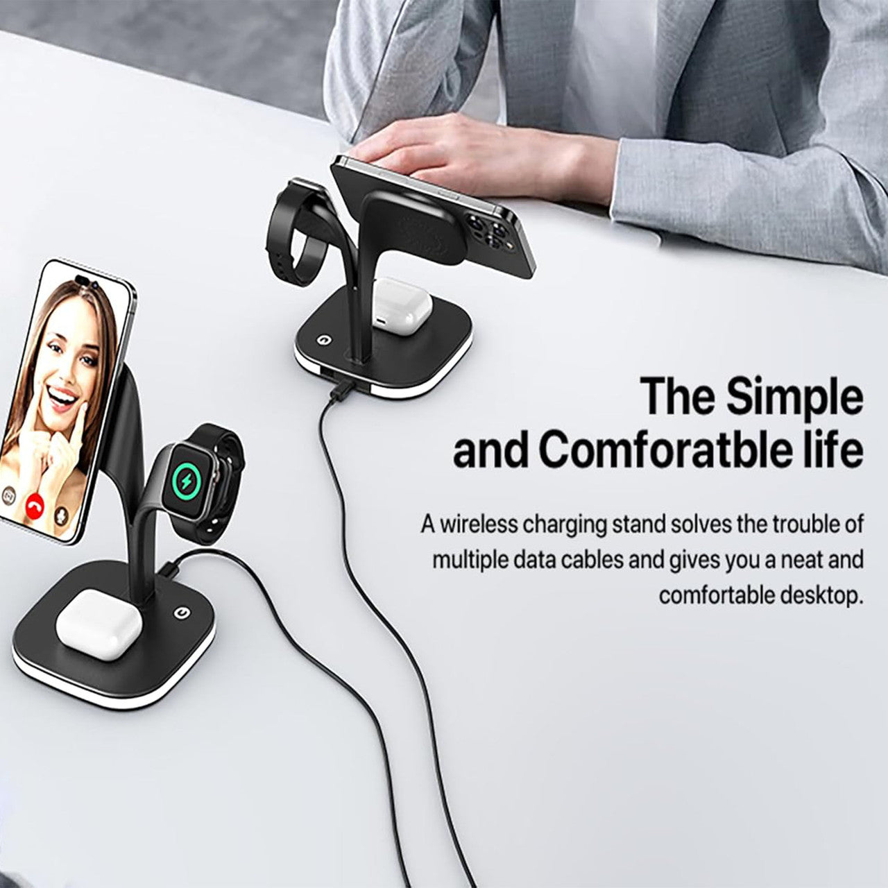 5 in 1 Wireless Fast Charging Station for iPhone, Samsung & AirPods - Multi Device Charger with Night Light - Perfect for Bedroom, Office & Travel