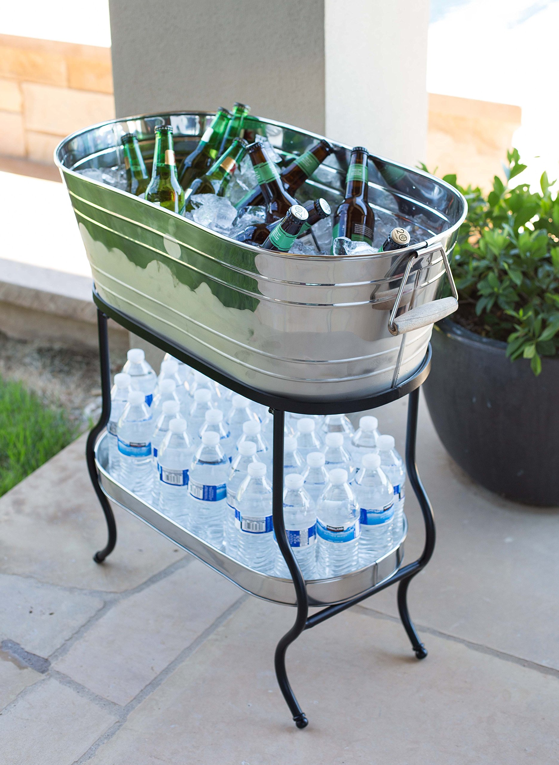 BirdRock Home Stainless Steel Beverage Tub with Stand - Oval Drink Cooler with Bottom Tray & Wooden Handles - Perfect for Outdoor Parties, BBQs, and Indoor Gatherings - Free Standing Drink Holder for Beer, Wine, and Cocktails