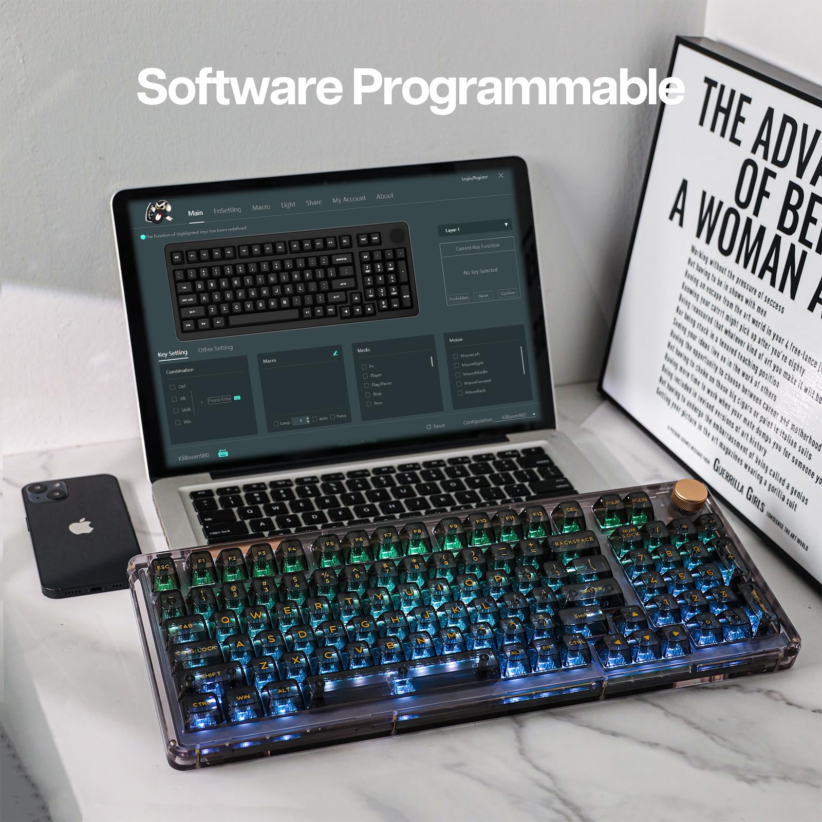 KiiBoom Phantom 98 Hot Swappable Crystal Gasket-Mounted Mechanical Keyboard - Triple Mode Wireless (2.4G/Bluetooth/USB) NKRO Gaming Keyboard with South-Facing RGB Backlit, Clear Keycaps, 8000mAh Battery for Windows/Mac - Perfect for Gaming, Typing & Office Work (Black)