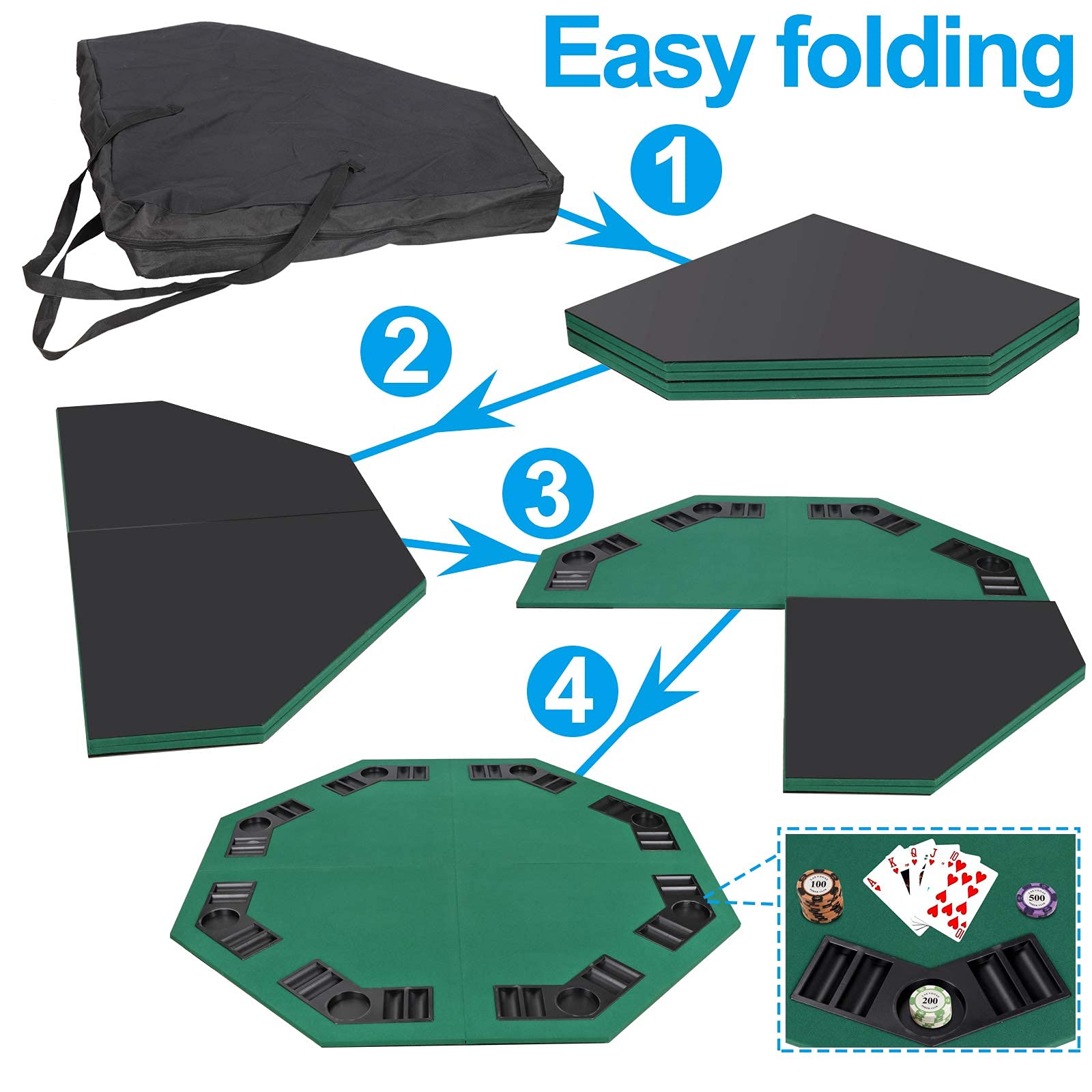 48-Inch Portable Poker Table Top - Foldable Octagon 8-Player Casino Poker Mat with Carrying Case | Perfect for Home Games, Parties & Casino Nights
