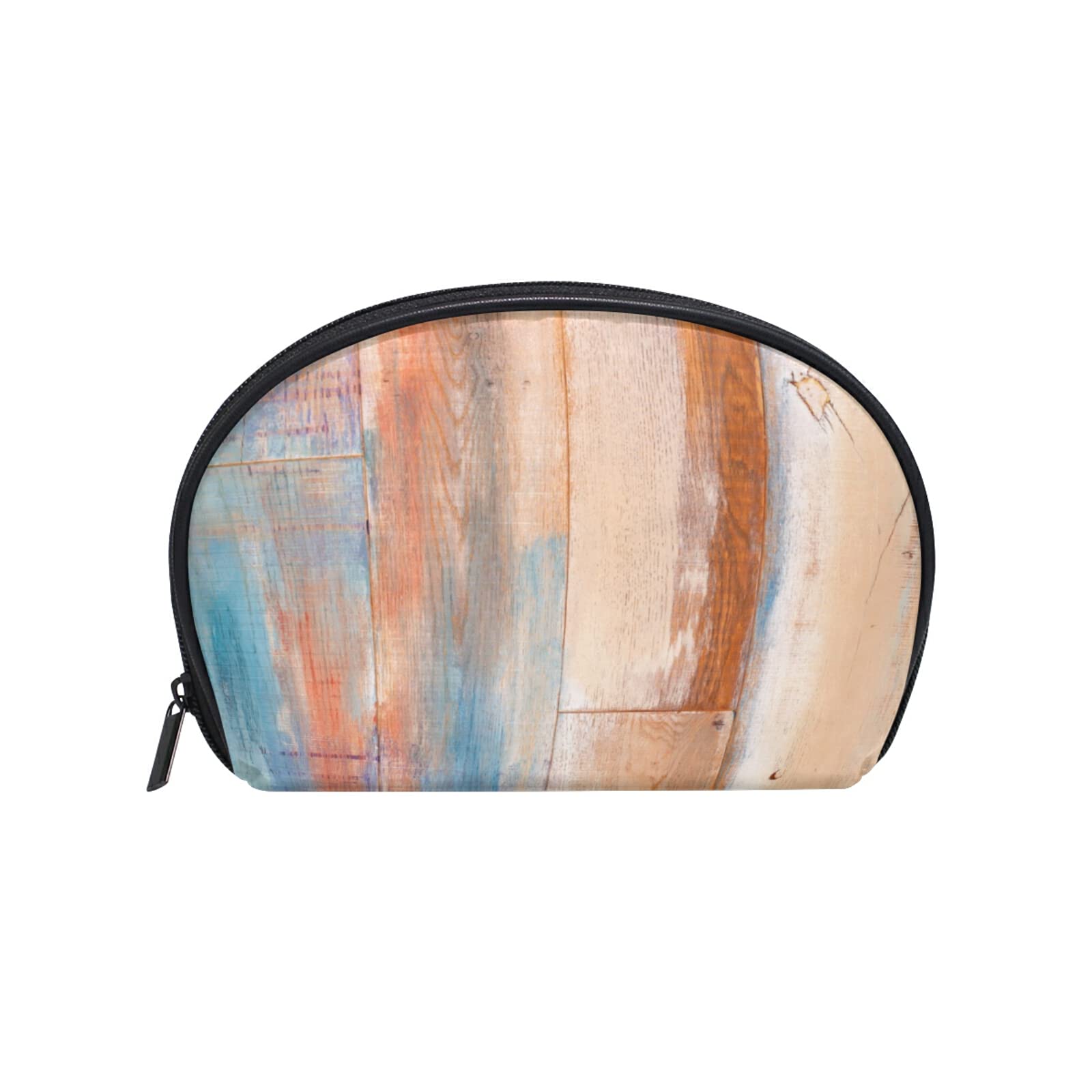 Beige & Blue Wooden Small Makeup Bag - Half Moon Travel Cosmetic Pouch for Purse | Perfect for Travel, Daily Use & Gift Giving