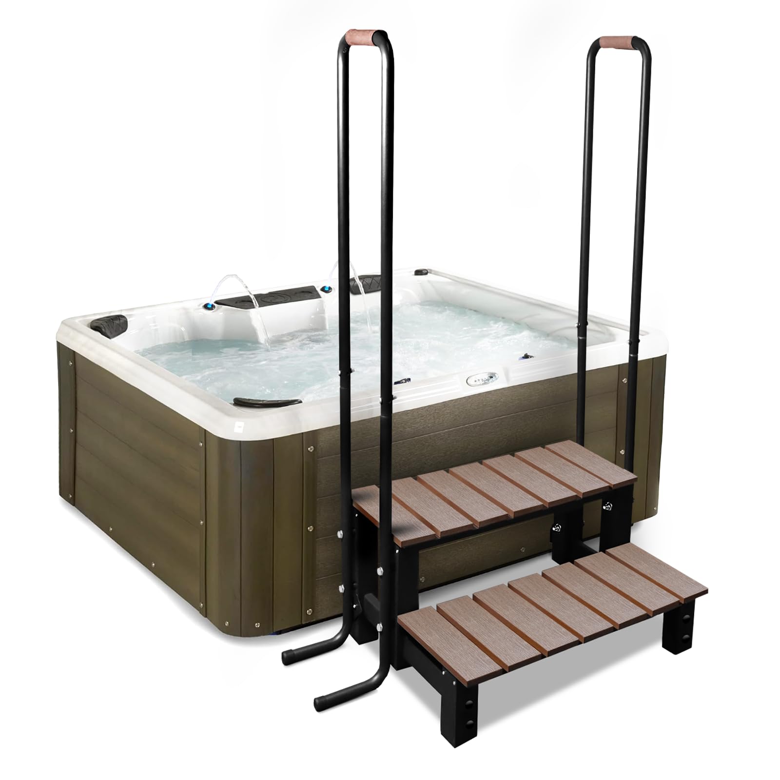 Above Ground Hot Tub Ladder with 2 Handrails & Anti-Skid Pads - 600 LB Capacity Wooden Pool Steps for Spas, Travel Trailers, Campers & 5th Wheels (2-Step Design) | Perfect for Outdoor Relaxation & Easy Spa Access