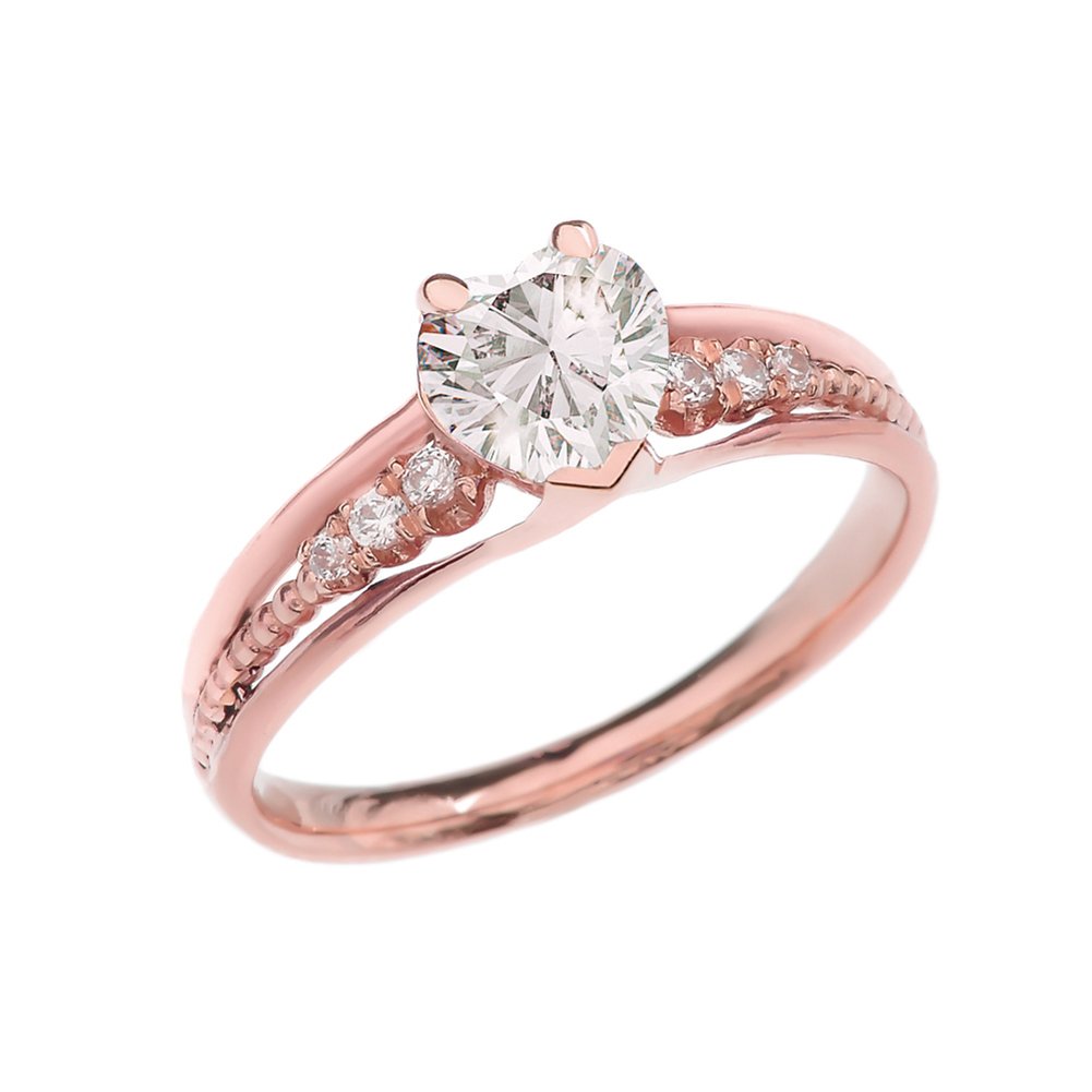 10K Rose Gold Diamond & April Birthstone Cubic Zirconia Heart Beaded Promise Ring for Women - Elegant Gift for Anniversary, Valentine's Day, Engagement & Special Occasions