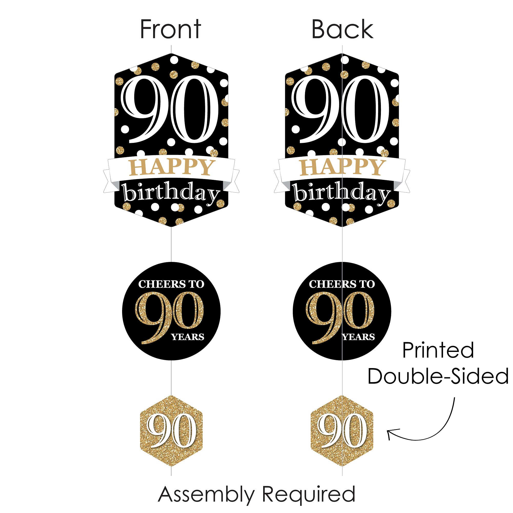 Big Dot of Happiness Gold 90th Birthday Party Decorations - 30-Piece DIY Hanging Backdrop Kit for Adult Milestone Celebrations - Perfect for Wall Decor, Photo Booths & Anniversary Parties