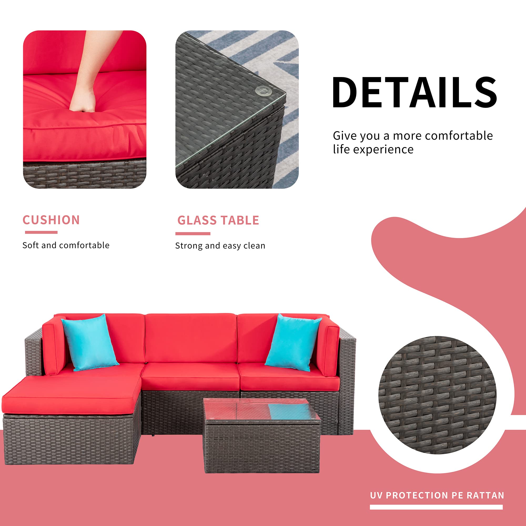 5-Piece All-Weather Outdoor Patio Furniture Set - PE Rattan Sectional Sofa with Glass Coffee Table, Ottoman & Red Cushions - Perfect for Garden, Poolside & Backyard Relaxation