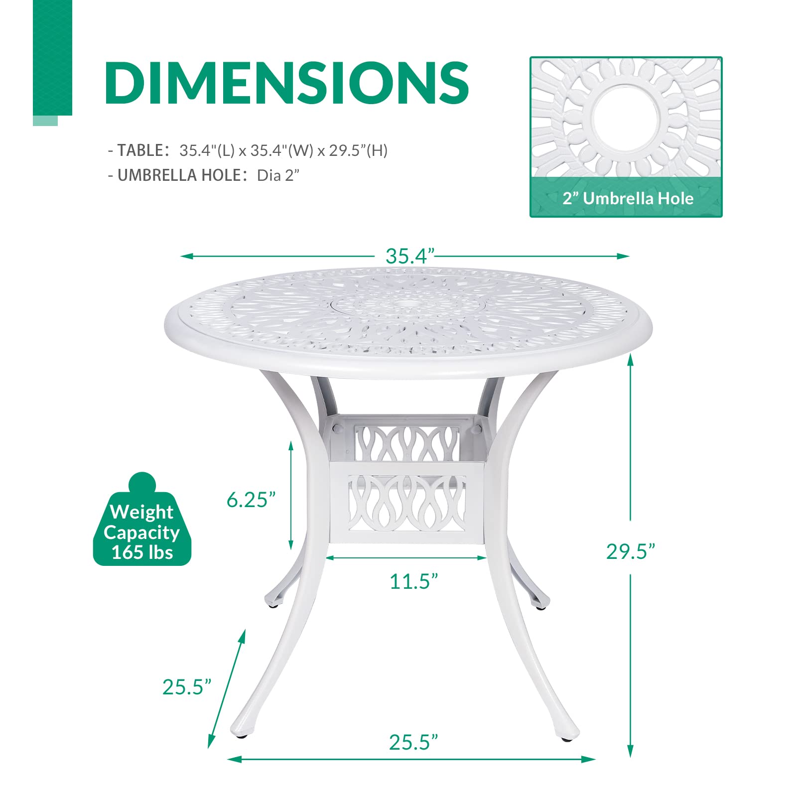 VIVIJASON 35.4 Inch Round Outdoor Patio Dining Table - White Rustic Cast Aluminum with Umbrella Hole - Perfect for Backyard, Garden, Poolside & Outdoor Entertaining