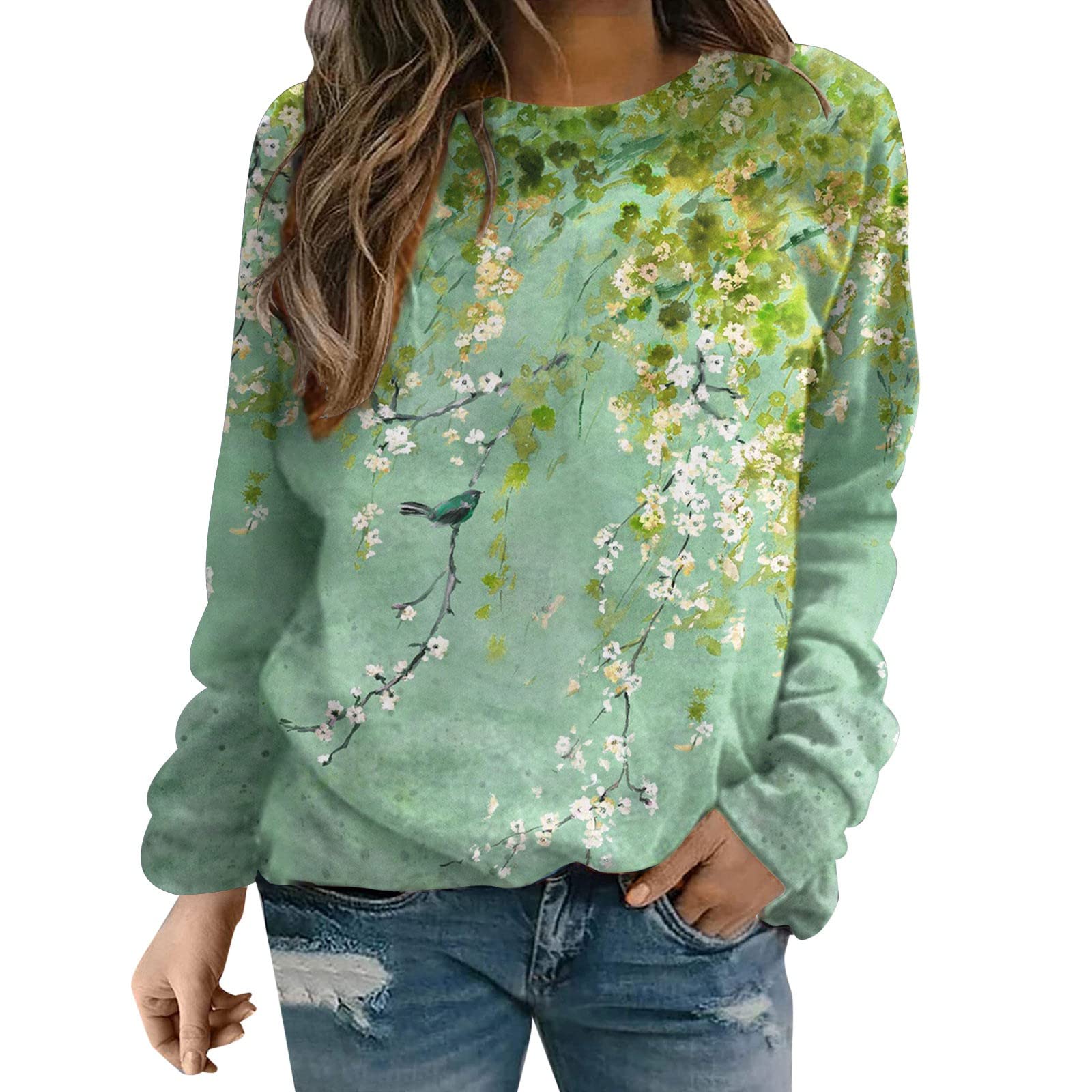 Cute Printed Long Sleeve Pullover Sweatshirt for Women - Loose Comfy Crewneck Blouse Top - Perfect for Casual Wear, Fall Outfits & Cozy Loungewear