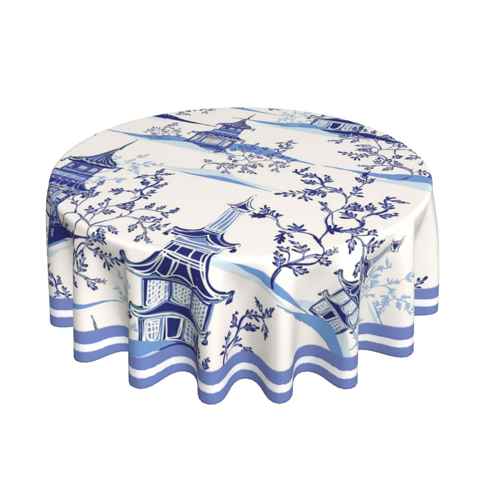 Blue Willow Chinese Temple Tablecloth - 70 Inch Round Oriental Style Washable Polyester Table Cover for Dining, Holiday Decor, Home Party, Wedding & Picnic - Elegant Blue Chinoserie Design for Formal Dinners and Outdoor Events