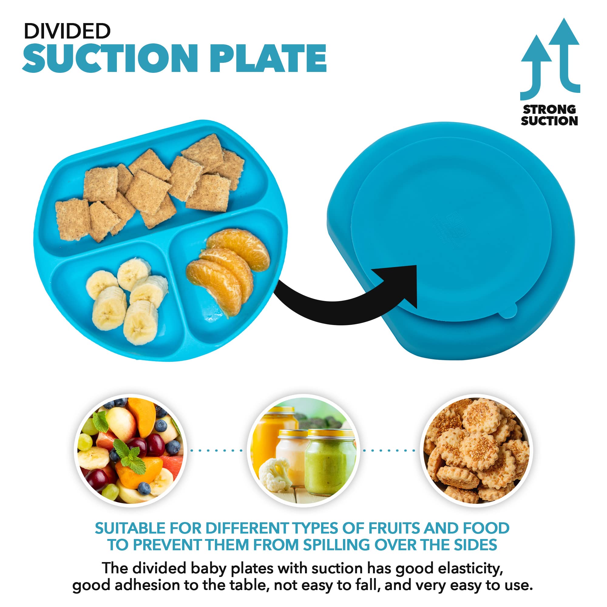 Non-Slip Silicone Suction Plates with Lids for Babies & Toddlers - BPA-Free Divided Plates by Exultimate (Blue) - Perfect for Highchair, Travel & Mess-Free Mealtime