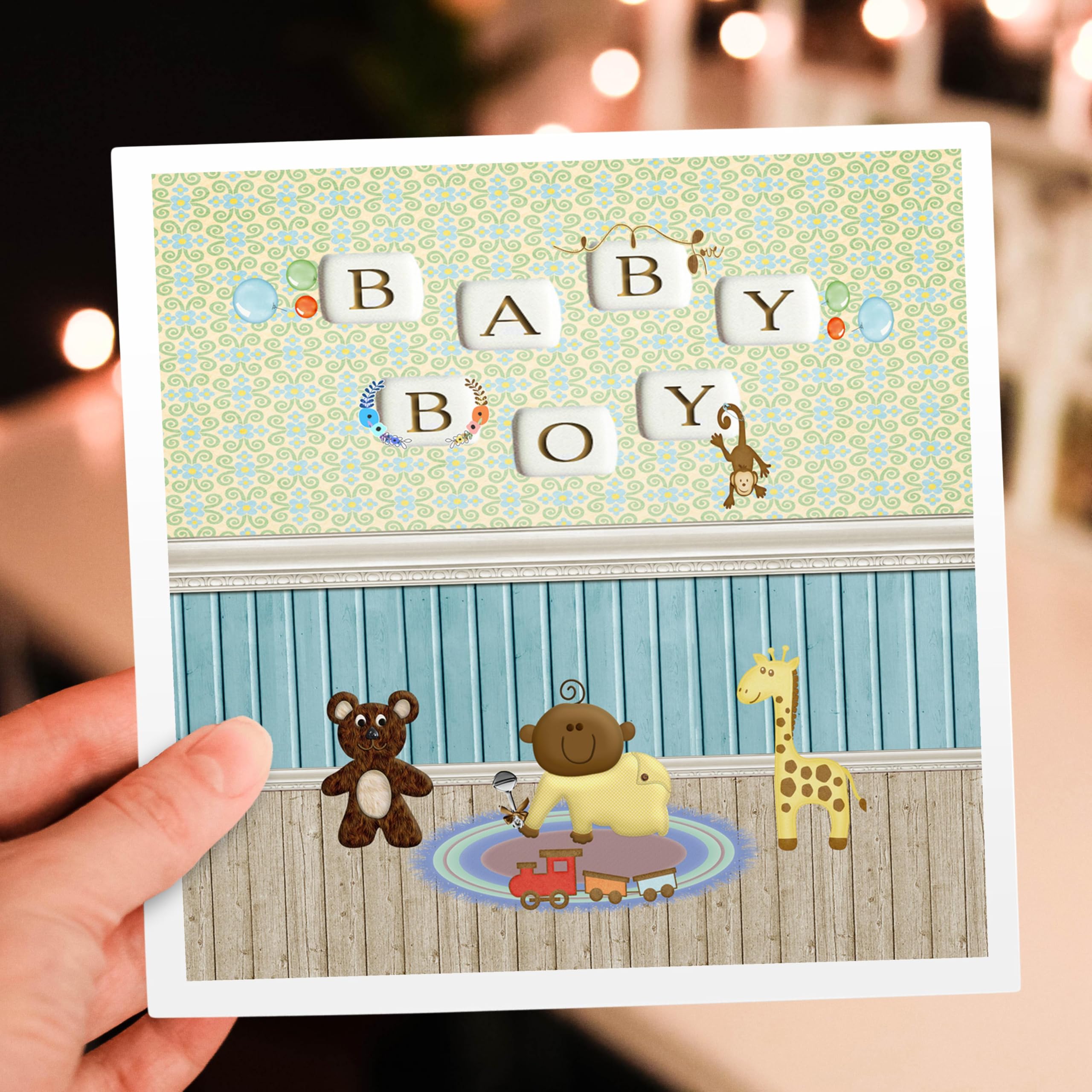 12 Pack Black Baby Boy Greeting Cards - Bear, Monkey, Train & Giraffe Nursery Decor - Perfect for Baby Showers, Birth Announcements & Newborn Gifts