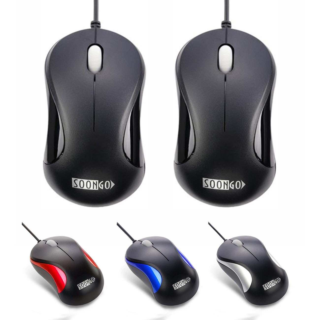 SOONGO 2 Pack USB Wired Mouse - Ergonomic Optical Computer Mice for PC, Laptop, Desktop - Black (Perfect for Office, Home & Gaming Use)