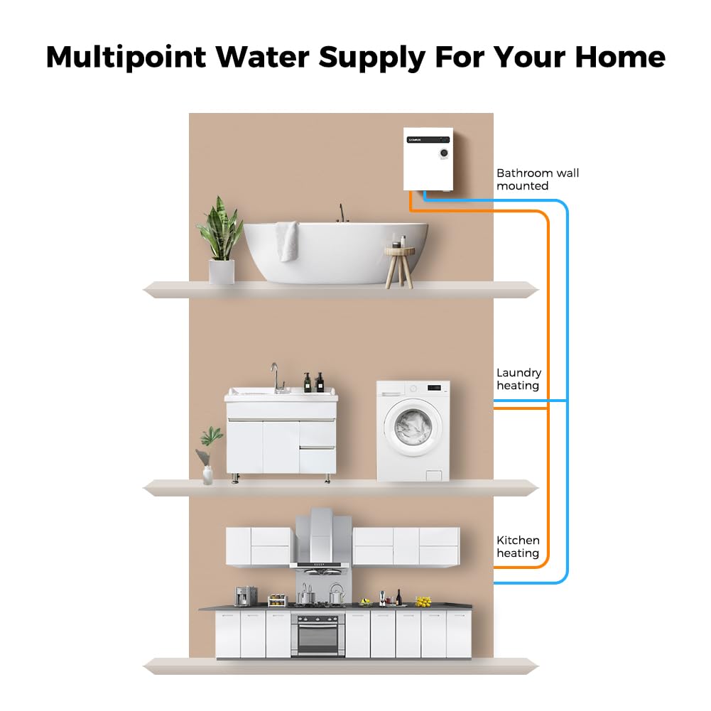 CAMPLUX 18kW Tankless Electric Water Heater - On Demand Hot Water System with Digital Display 240V for Whole House, Shower & Sink - Energy Efficient White Water Heater for Home, RV & Cabin Use