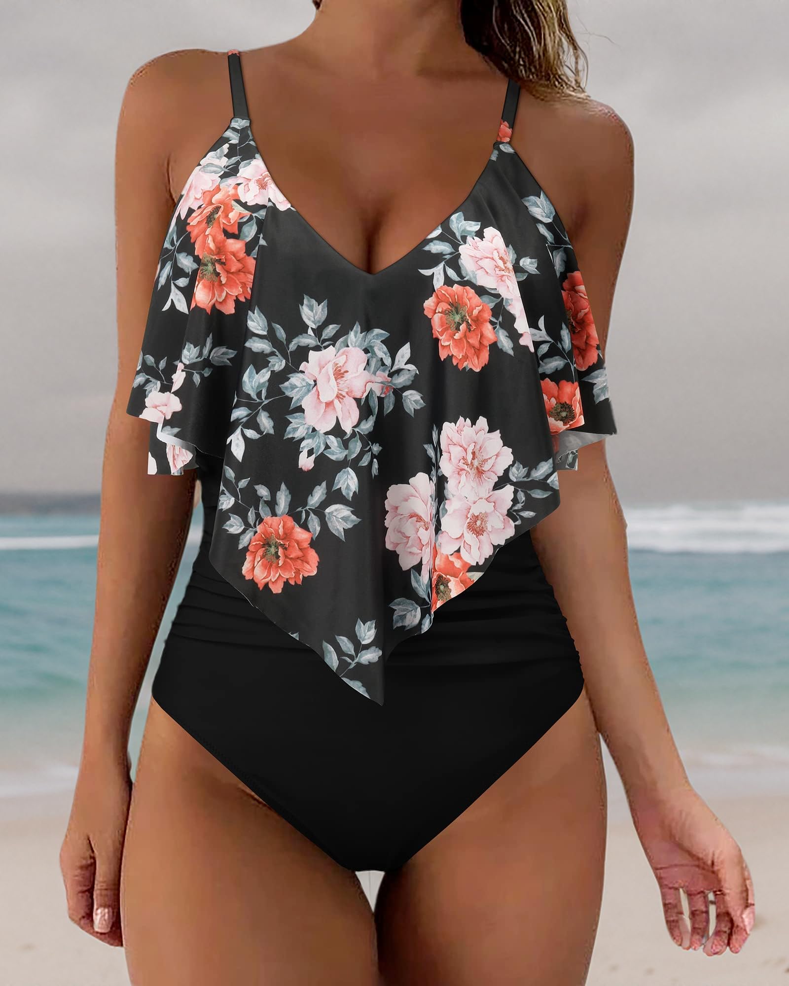 SUUKSESS Women's Slimming One Piece Swimsuit with Ruffle & Ruched Tummy Control - Sexy Bathing Suit for Beach, Pool & Vacation