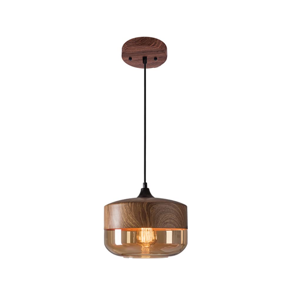 Nordic Walnut Wood Pendant Light with Geometric Glass Shade - 1-Light Cafe Suspension Lamp for Kitchen Island, Dining Room & Bar Ceiling (110V-120V) | Modern Drum Lighting Fixture for Home & Restaurant Decor