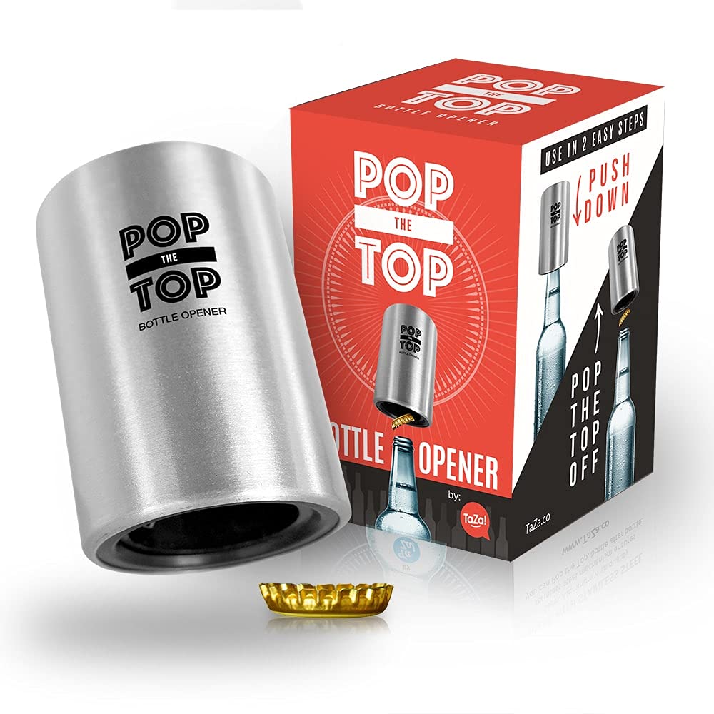 Stainless Steel Automatic Beer Bottle Opener - Push Down Pop Off Bar Tool for Soda & Beer Caps | Cool & Fun Gadget for Home, Parties & Outdoor BBQs