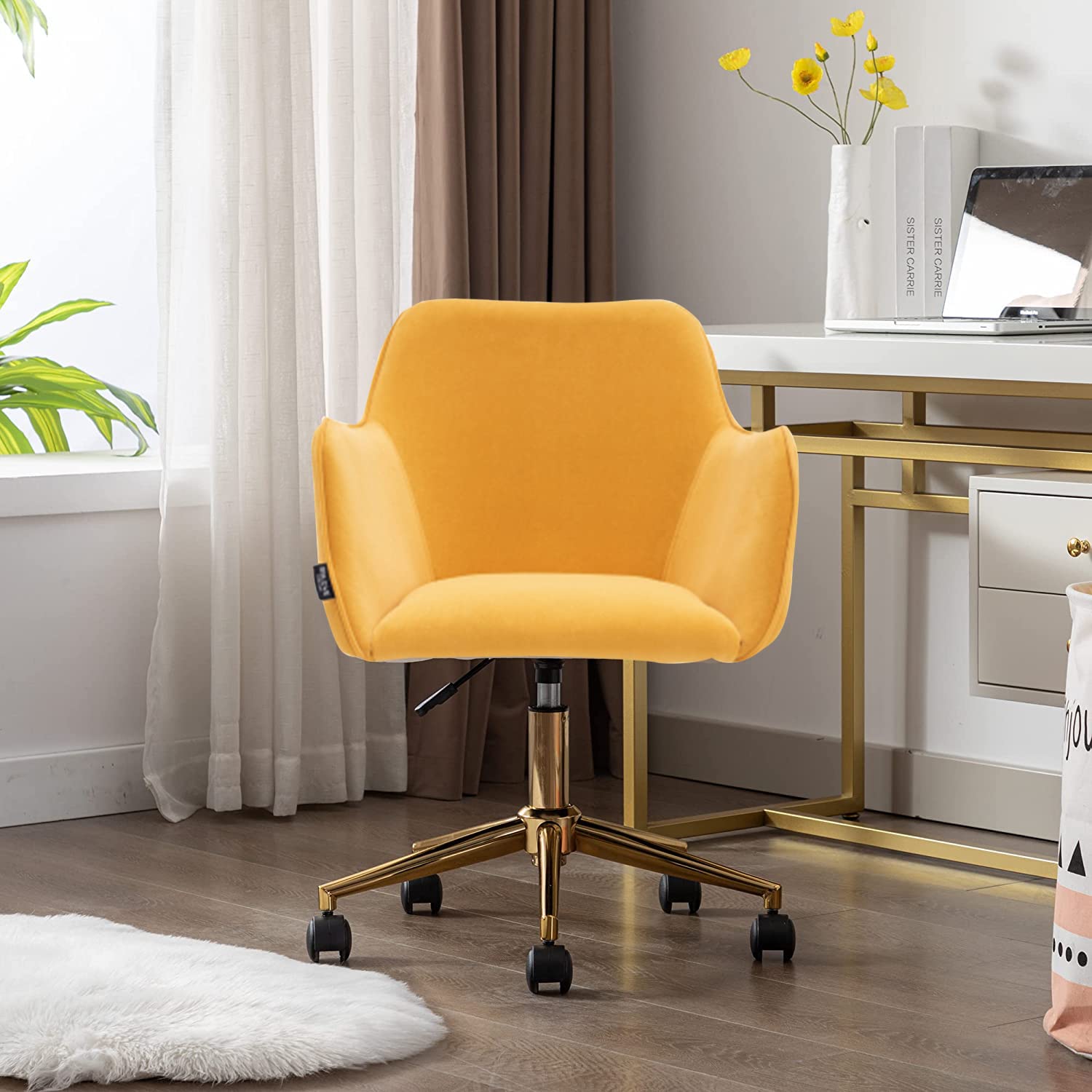 Henf Velvet Office Chair - 360° Swivel Home Desk Chair with Elegant Gold Base | Soft Tufted Vanity Chair for Kids & Students | Perfect for Bedroom, Living Room & Home Office (Style10-Yellow)
