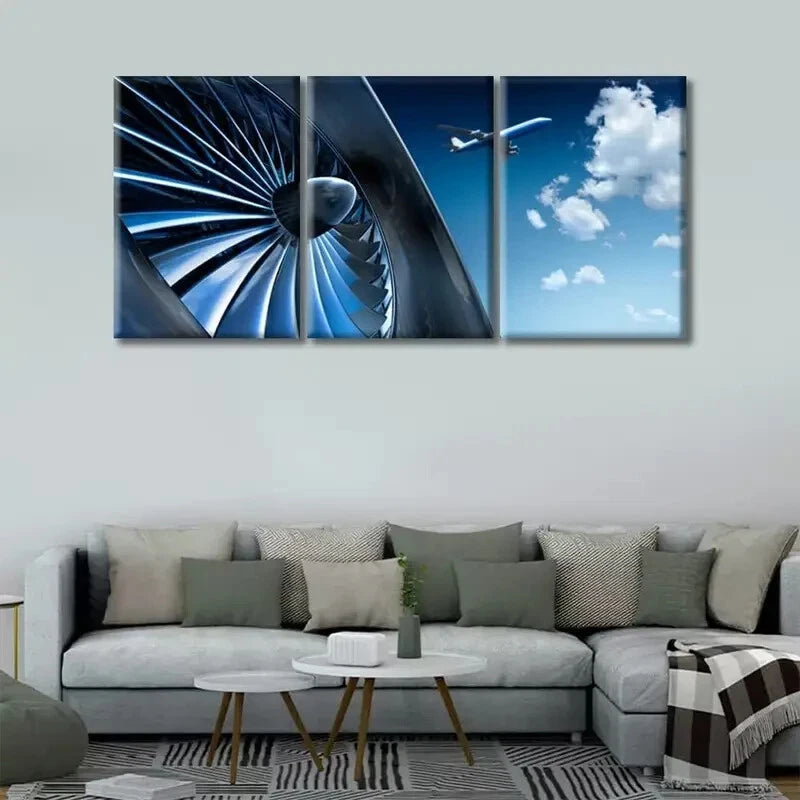3-Piece Airplane Turbine & Sky Aviation Metal Wall Art - Ready to Hang, Modern Home & Office Decor for Aviation Enthusiasts & Pilots