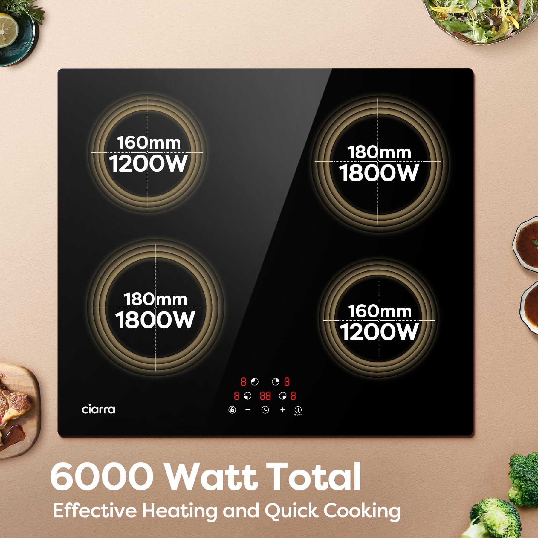 CIARRA CABBIH4 6000W 4-Burner Induction Cooktop with Touch Control, Timer, Ceramic Glass, 9 Power Levels & Child Safety Lock - Perfect for Home Kitchen, Restaurant & Outdoor Cooking