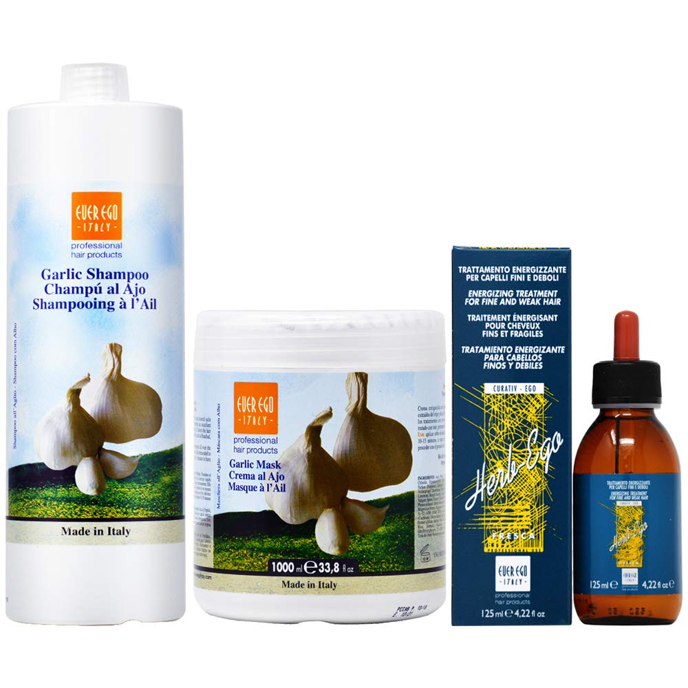 Ever Ego Garlic Shampoo & Hair Mask Set (33.8oz + 4.22oz) - Natural Hair Growth Treatment for Thinning Hair, Dandruff & Scalp Care - Perfect for Damaged Hair Repair & Daily Hair Care Routine