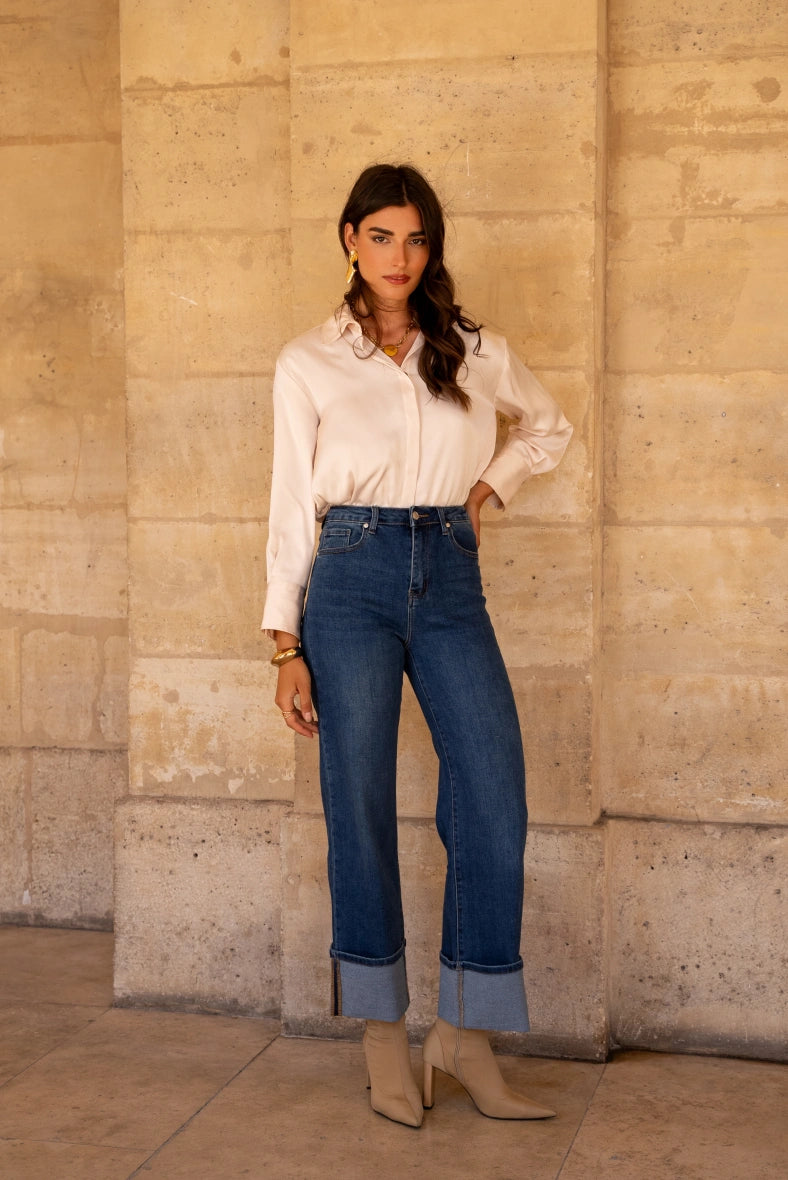 Louise High Waisted Cuff Jeans for Women - Stretch Denim Skinny Jeans (Blue) | Perfect for Casual Wear, Office Outfits & Date Nights
