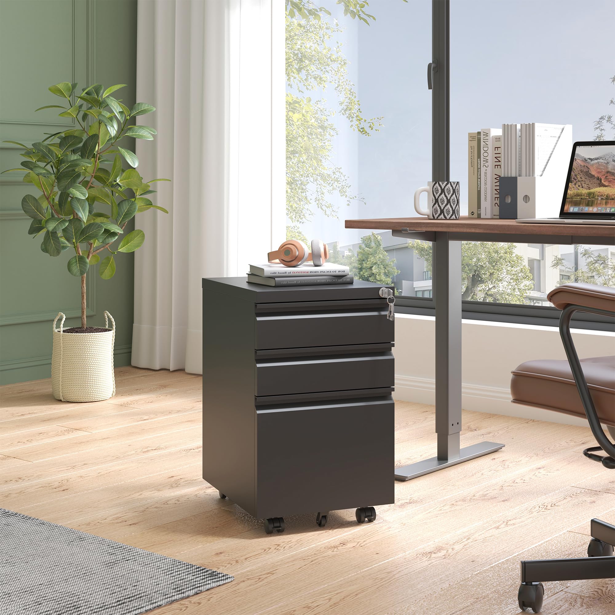 3-Drawer Locking File Cabinet with Wheels - Mobile Under Desk Storage, Fully Assembled Black Office Filing Cabinet for Home & Business Organization