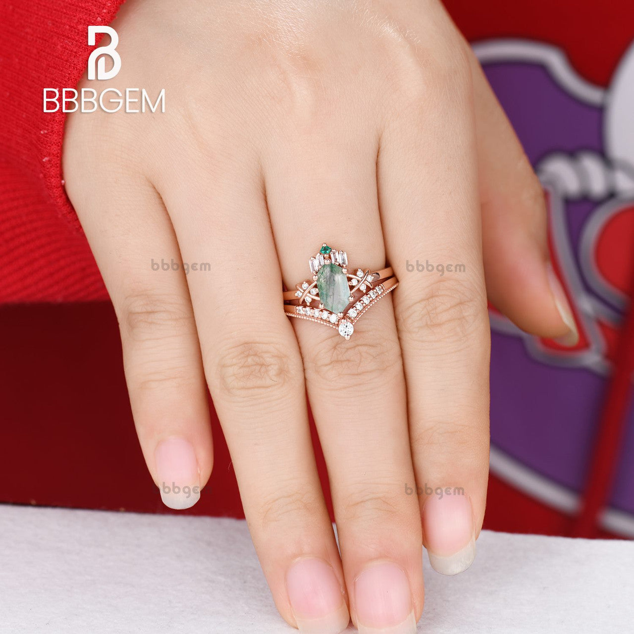 Unique Vintage 14K Rose Gold Hexagon Cut Moss Agate Engagement Ring with Diamond & Emerald Accents - Perfect for Romantic Proposals, Anniversary Gifts & Special Occasions