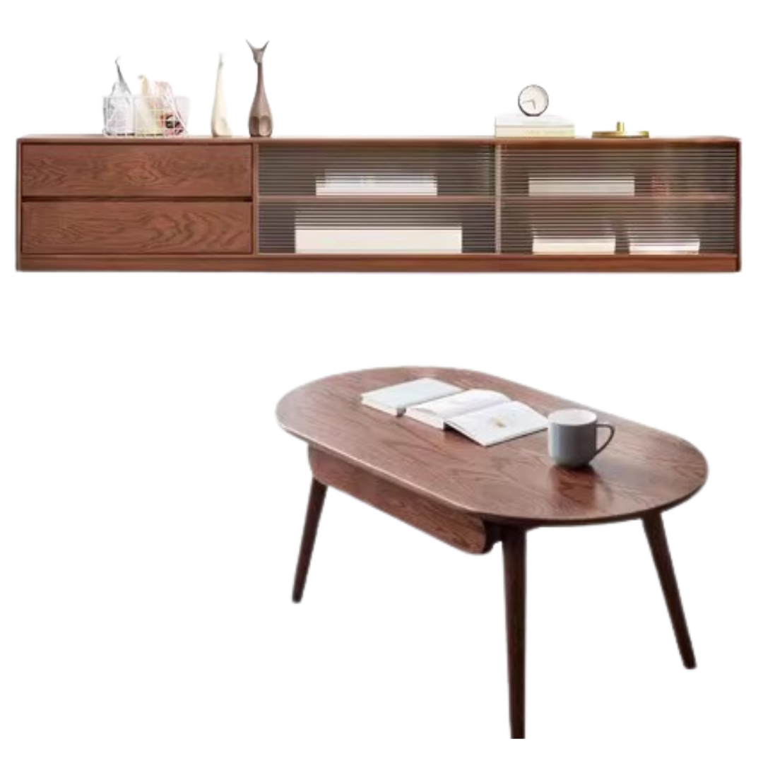 86.6х14.9х15.7 inch/ 220х38х40сm/ walnut color/ TV cabinet  + capsule coffee table with drawer set