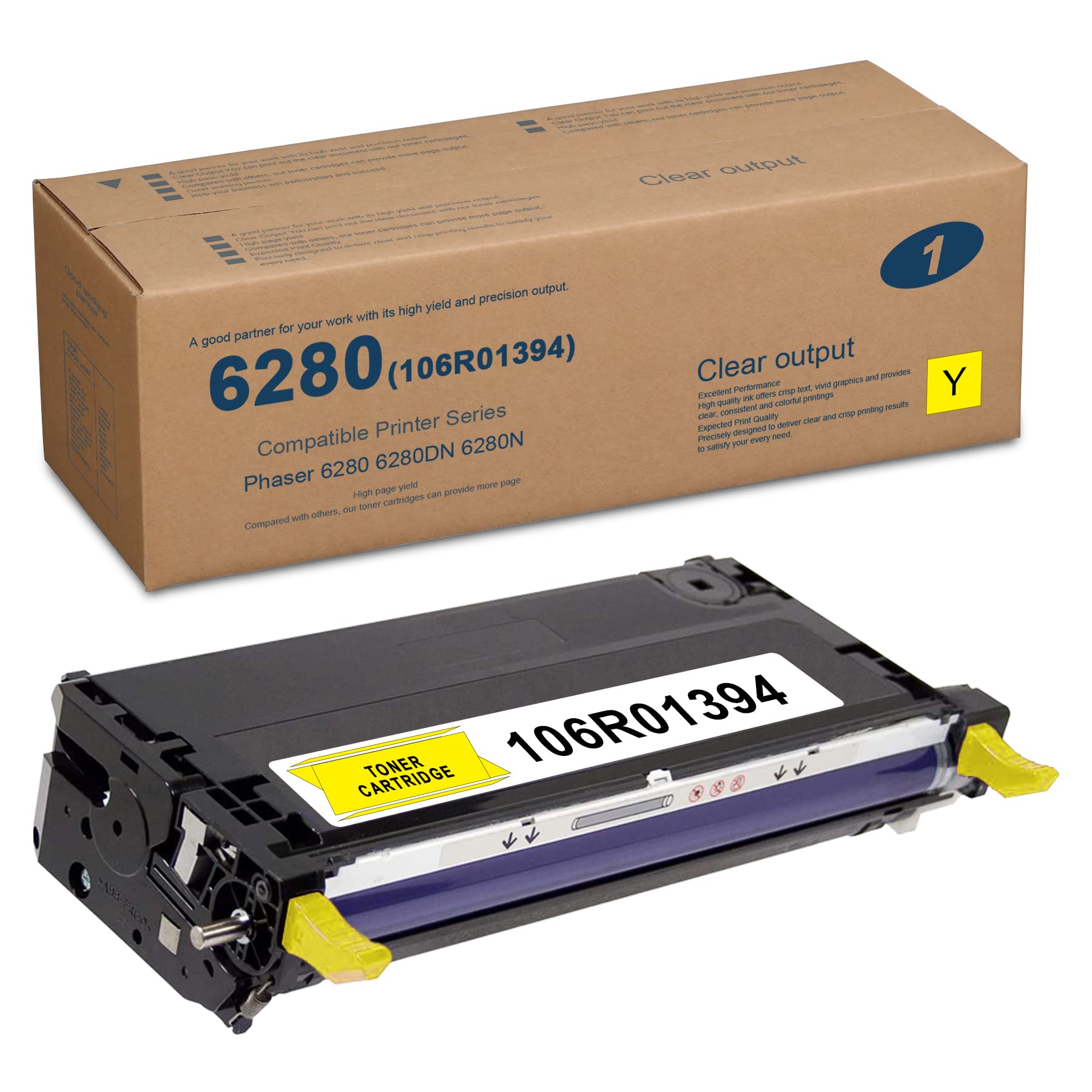 High Yield Yellow Toner Cartridge 1-Pack (106R01394) - Compatible with Xerox Phaser 6280/6280N/6280DN Printers - Ideal for Office Printing & High Volume Documents