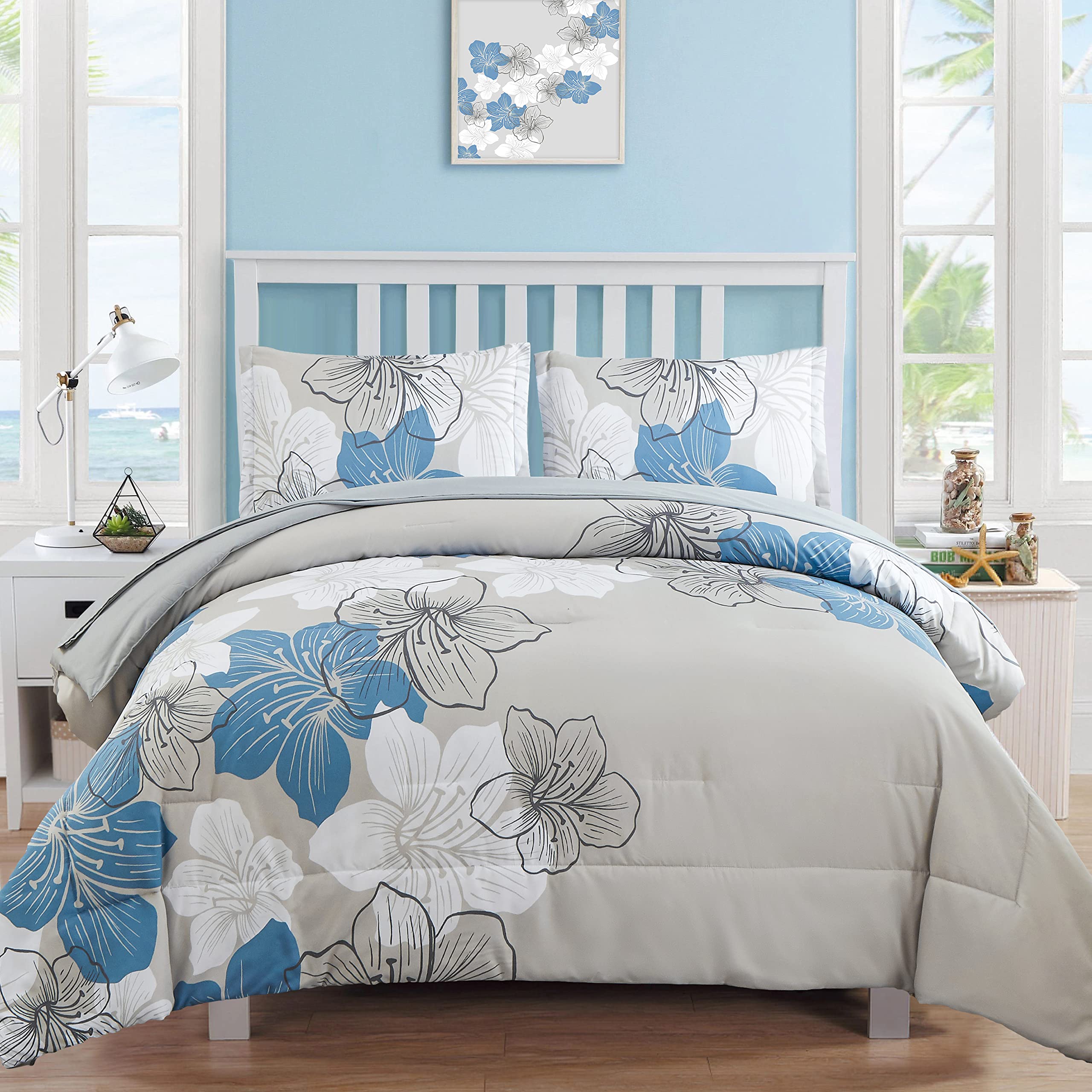Luxudecor King Size Blue Floral Comforter Set - 7 Piece Microfiber Bed in a Bag with Sheets | Soft All-Season Bedding Set for Master Bedroom, Guest Room & Dorm | Blue & Grey Modern Home Decor