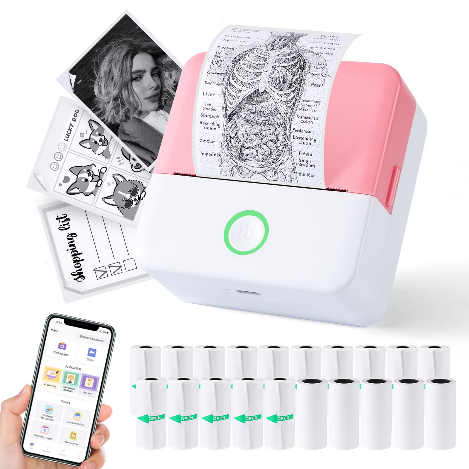 Print Pods Mini Printer - Thermal Inkless Sticker Maker with 20 Rolls Paper | Portable Pocket Printer for iPhone & Android | DIY Stickers, Notes, Flashcards, Journaling | Perfect for School, Office, Scrapbooking & Craft Projects