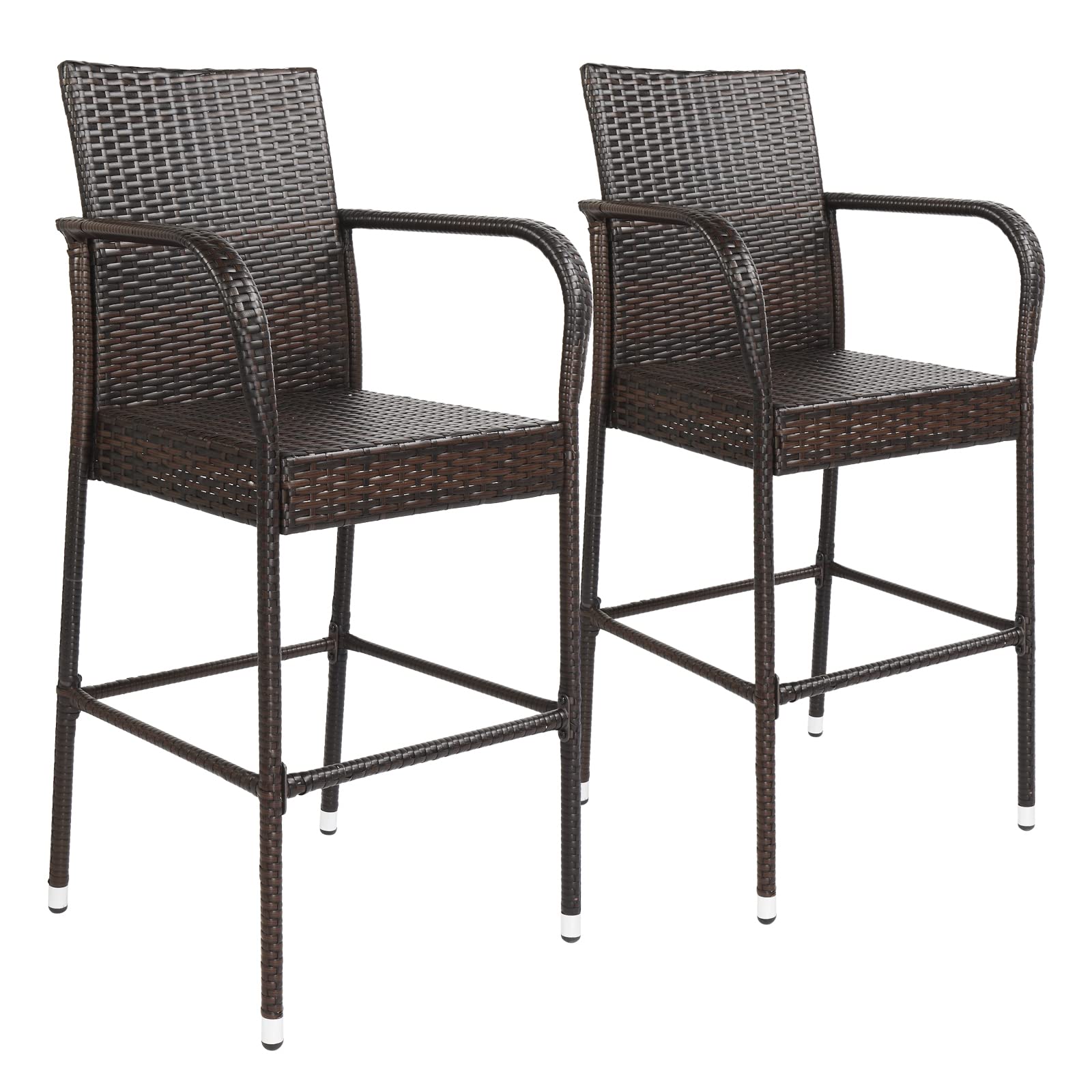 2PCS Modern Patio Rattan Bar Chairs with Removable Cushions - Outdoor Wicker Armchair Set for Garden, Balcony, Poolside - Brown Rattan Furniture for Relaxing & Entertaining