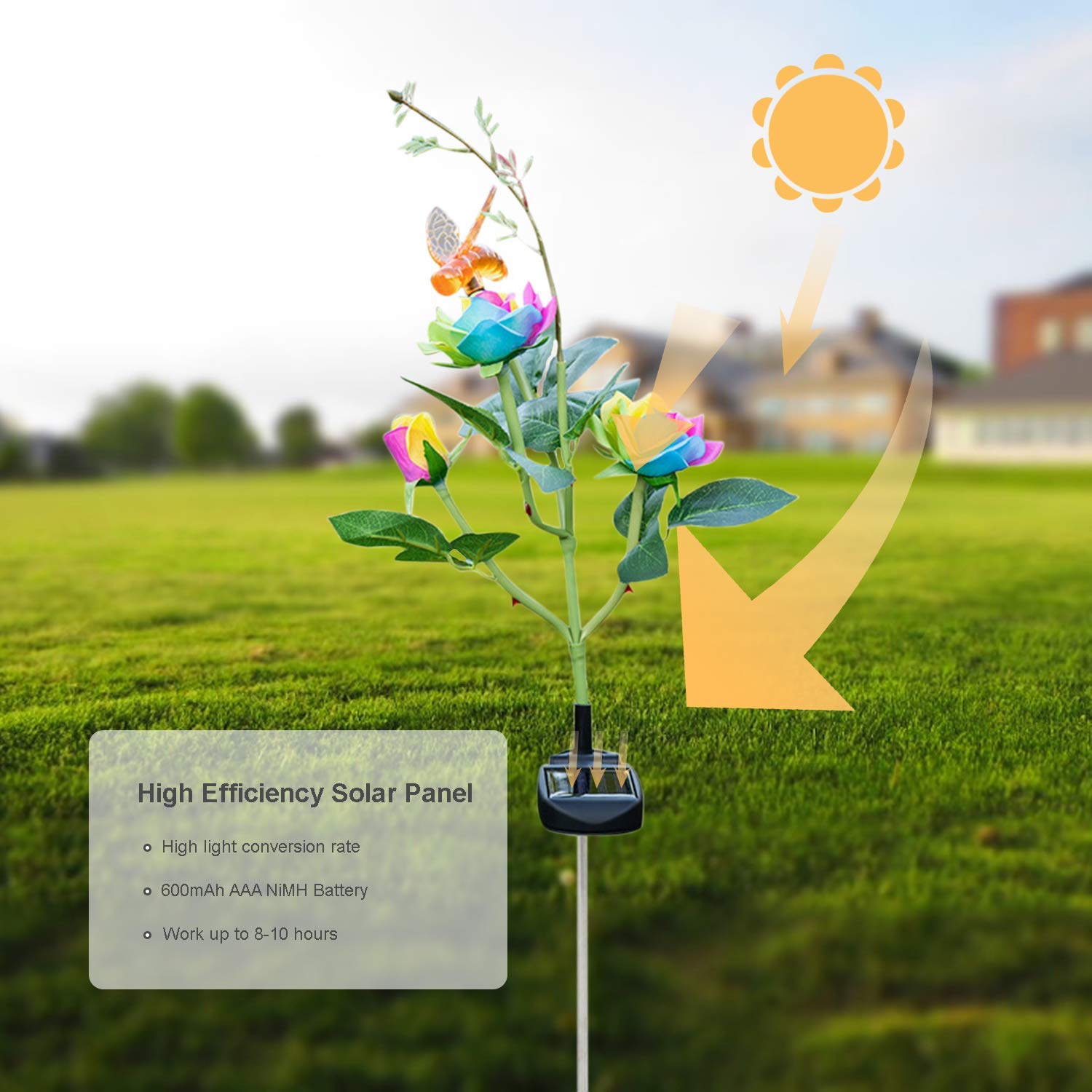 Ubersweet® Solar LED Flower Lights - Rose & Bee Shaped Garden Stake Lights for Pathway, Walkway, Lawn, Patio & Backyard | Waterproof Solar Powered Outdoor Landscape Lighting | Perfect for Romantic Garden Decor, Wedding Decorations & Nighttime Ambiance