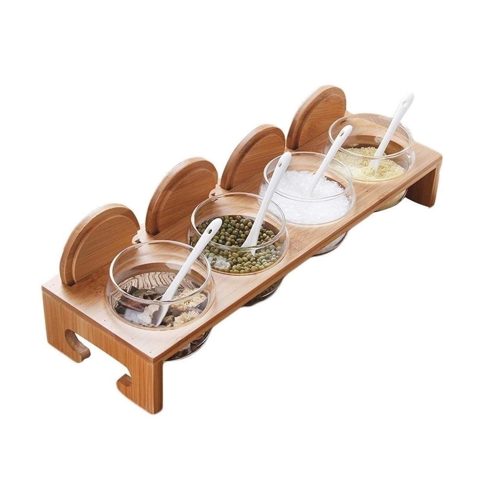 4-Piece Glass Condiment Jar Set with Spoons & Bamboo Lids - Airtight Spice Containers for Sugar, Salt, Coffee & Seasonings - Perfect for Kitchen Counter, Pantry & Dining Table Organization