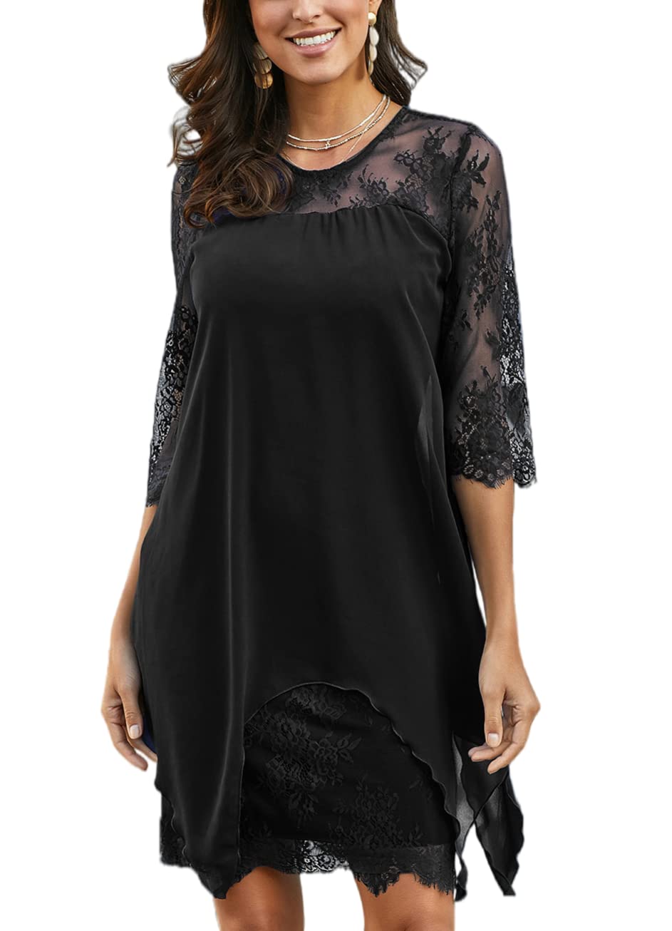 EARKOHA Women's Blue Chiffon Overlay Cocktail Midi Dress - Elegant Three Quarter Sleeve Party Dress for Evening Events, Weddings & Special Occasions