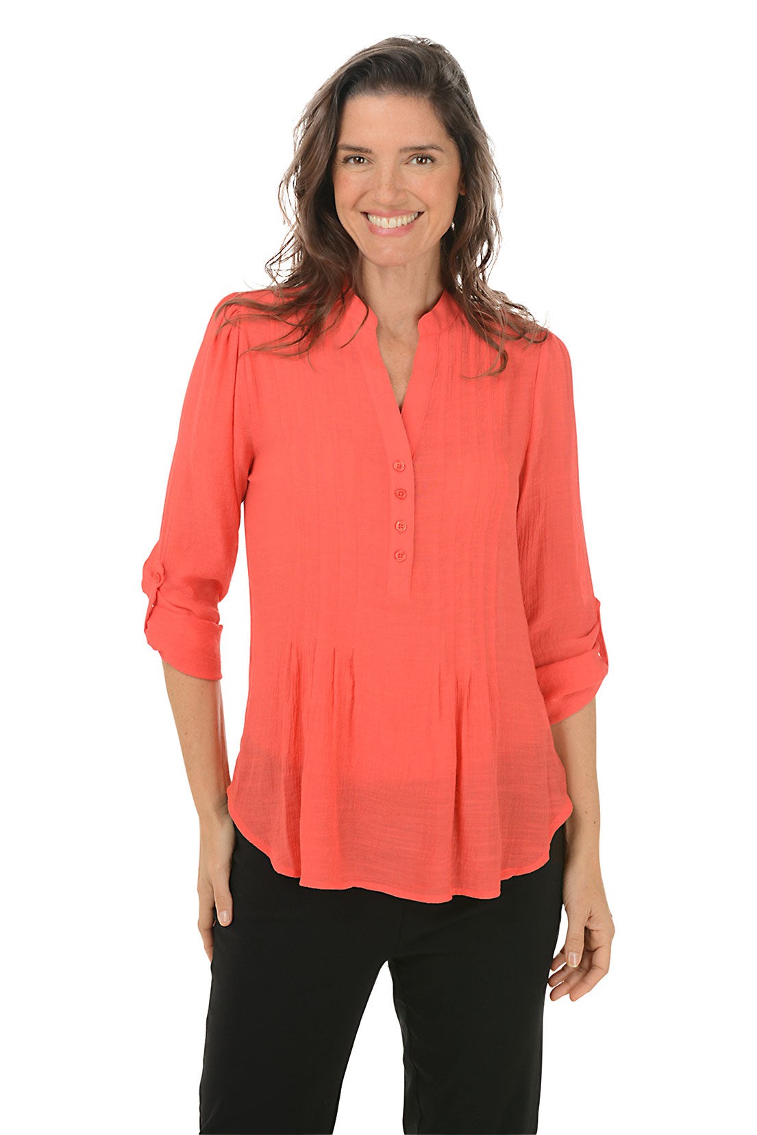 Elegant Pleated Front Roll Sleeve Blouse for Women - Office Wear & Casual Chic Outfits