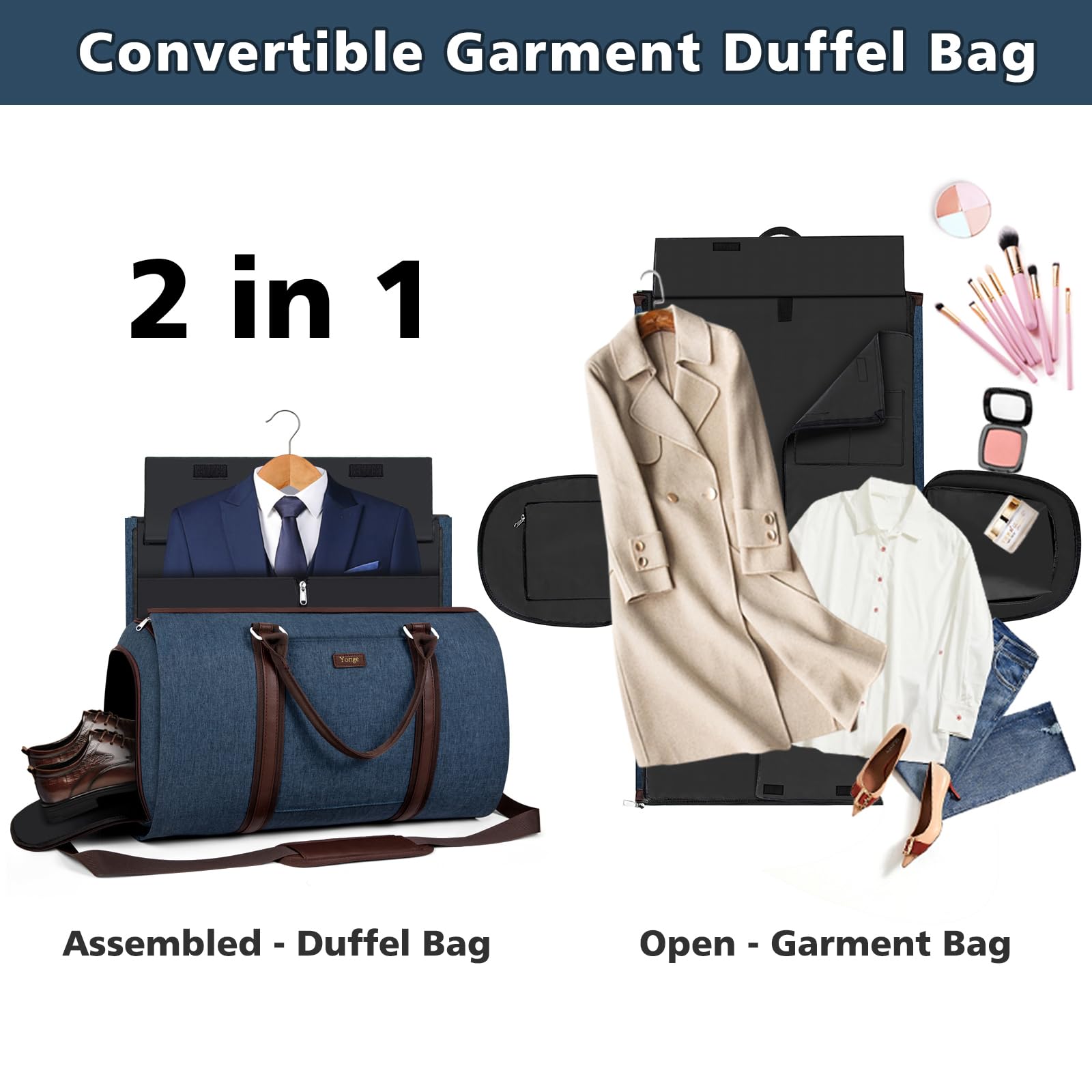 2-in-1 Convertible Travel Garment Duffle Bag Set for Men & Women - Large Carry-On Hanging Suit Dress Clothes Organizer with Detachable Crossbody Bag (4-Piece Set) | Perfect for Business Trips, Weekend Getaways & Gym Workouts