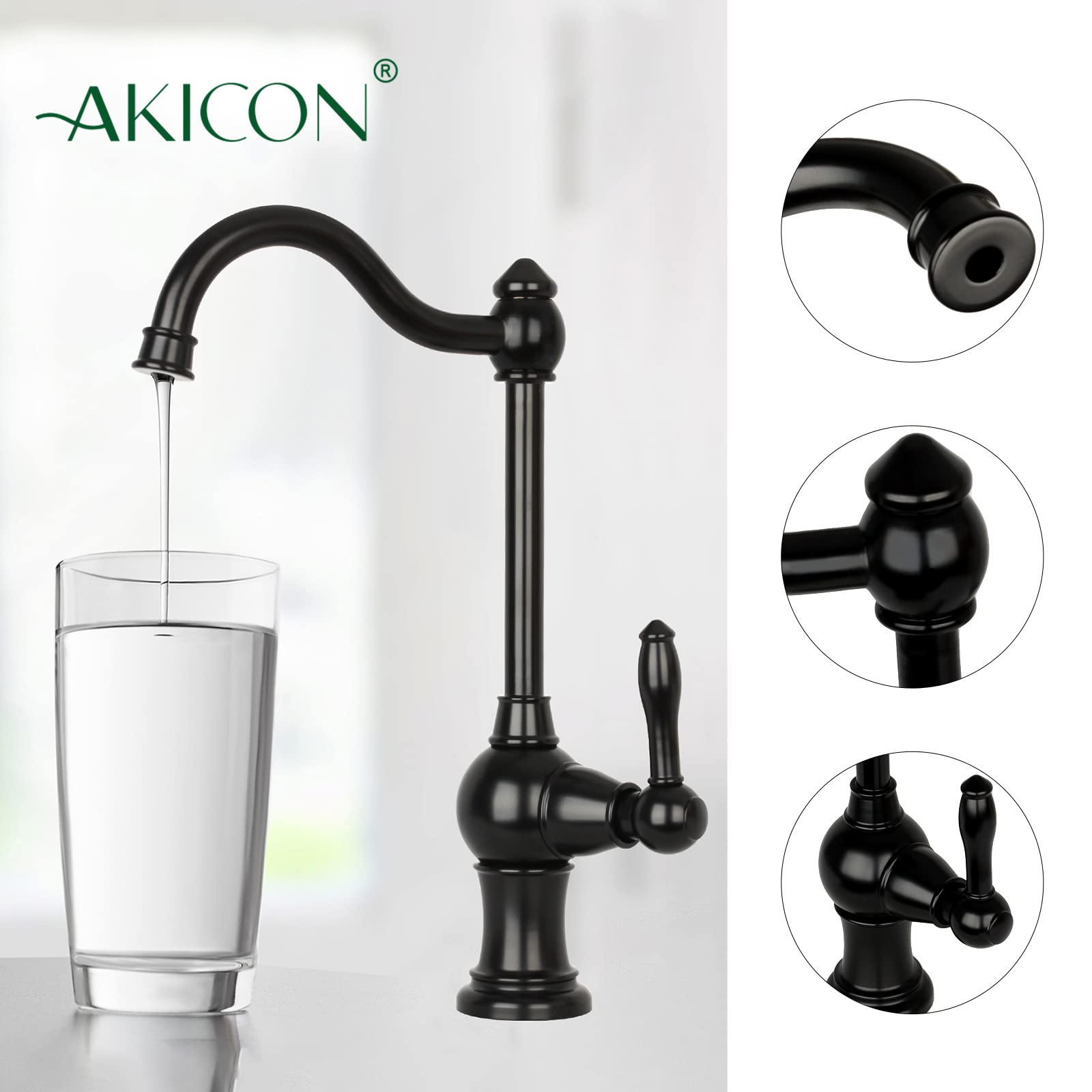 Akicon Lead-Free Brass Kitchen Water Filter Faucet - Matte Black | Fits Most Reverse Osmosis & Water Filtration Systems (Non-Air Gap) | Cold Water Only | Perfect for Clean Drinking Water in Home, Office, or RV