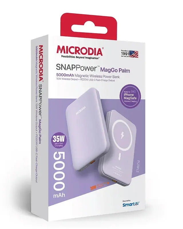 MICRODIA SNAPPower™ MagGo Palm - 5000mAh/10000mAh Magnetic Wireless Power Bank with 15W Fast Wireless Charging & 20W PD USB-C Fast Charging | Portable Charger for iPhone 15/14/13/12, Samsung Galaxy, AirPods | Perfect for Travel, Work & Outdoor Activities