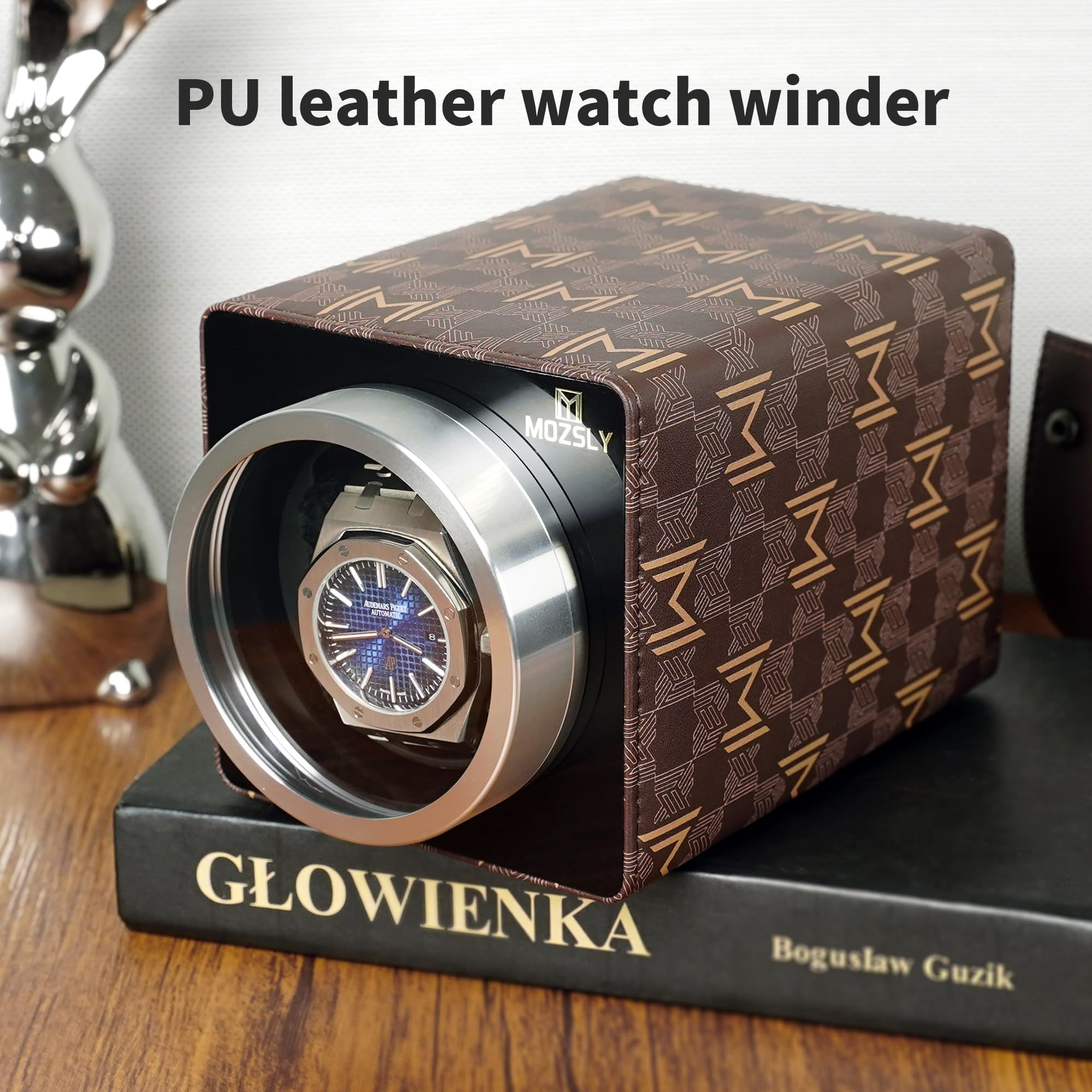 MOZSLY Single Watch Winder for Automatic Watches - Quiet Motor, 12 Rotation Modes, Premium Leather Case - Perfect for Watch Collectors & Nightstand Storage