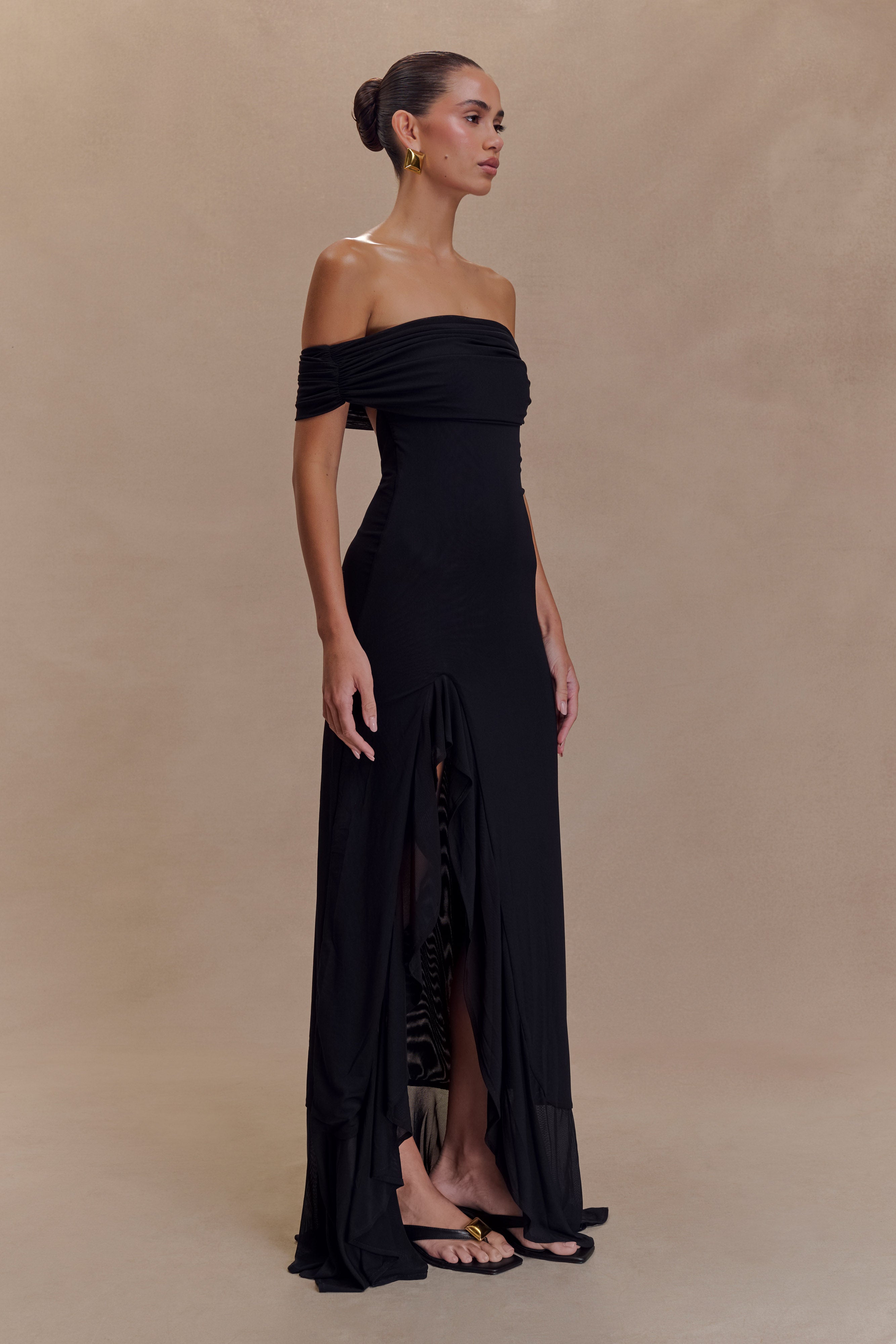 Elegant Audrey Off Shoulder Mesh Maxi Dress - Black | Perfect for Evening Parties, Weddings & Special Occasions