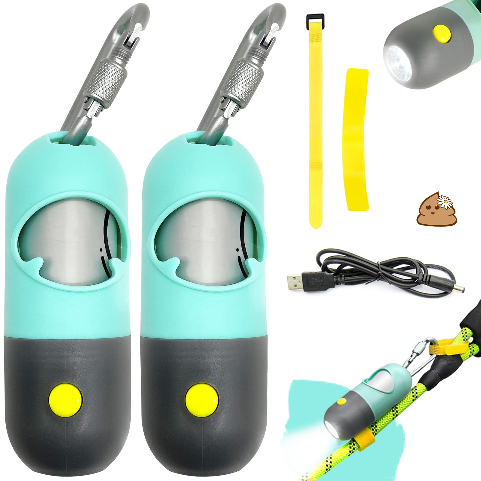 Hands-Free Dog Poop Bag Dispenser with LED Flashlight - Rechargeable Leash Attachment for Pet Waste Bags (Includes USB Cable) - Perfect for Night Walks, Hiking & Outdoor Adventures with Your Dog