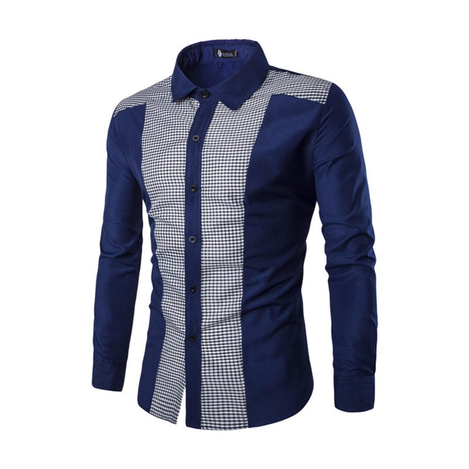 Men's Plaid Color-Block Patchwork Button Down Dress Shirts - Stand-Up Collar Long Sleeve Business Casual Tops | Perfect for Office Wear, Business Meetings & Smart Casual Outfits