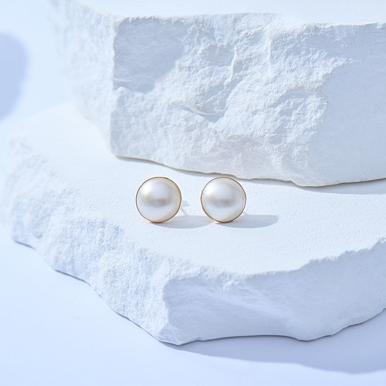 18K Gold Mabe Pearl Earrings KE00024 | Elegant Dome Stud Earrings for Women | Perfect for Weddings, Parties & Special Occasions