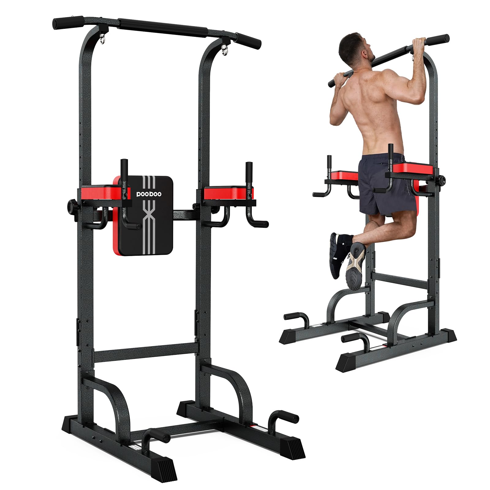 Pooboo Power Tower Dip Station - Adjustable Pull Up Bar Stand for Home Gym Workout, Multi-Function Strength Training Equipment with 350LB Weight Capacity - Perfect for CrossFit, Calisthenics & Full-Body Workouts at Home