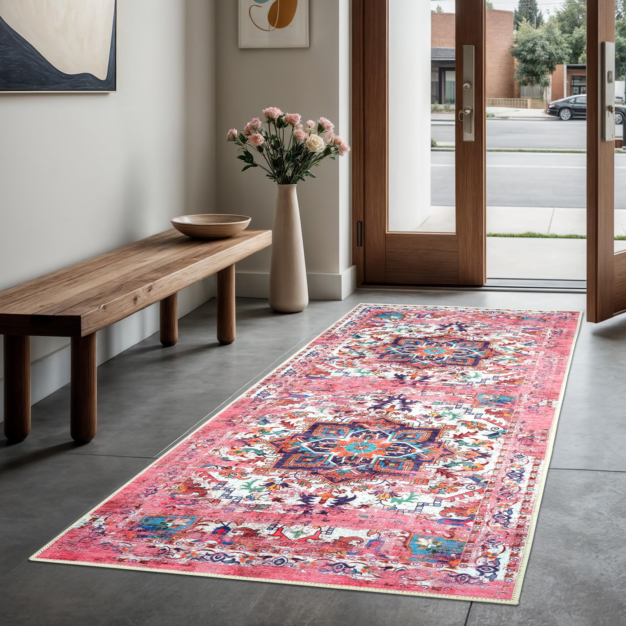 GLN Rugs Traditional Collection - Machine Washable Non-Slip Low Pile Chenille Area Rug for Living Room, Bedroom & Kitchen (2'6
