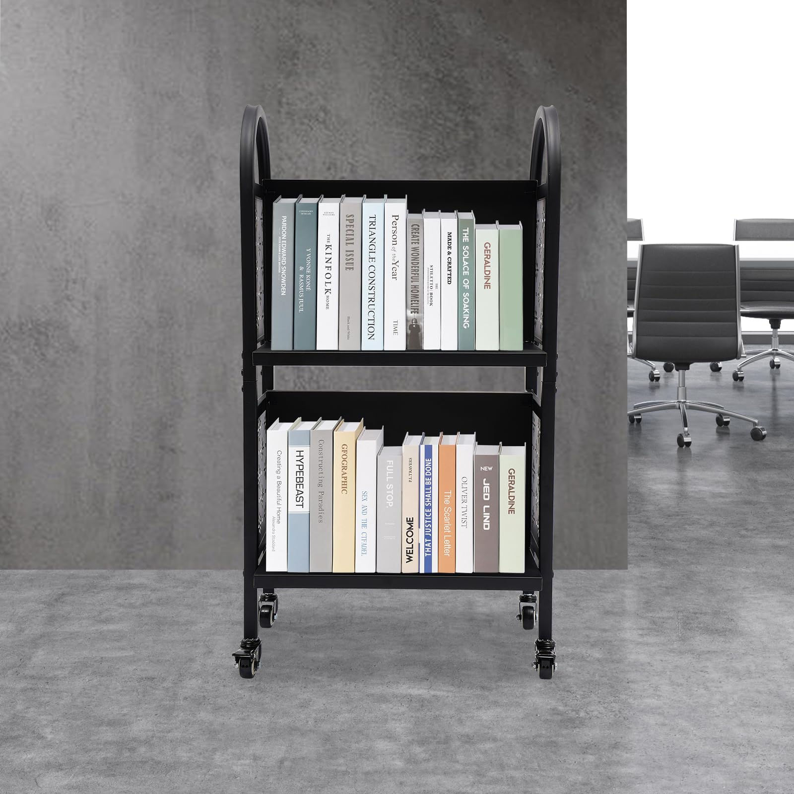 2-Tier Rolling Library Book Cart with Wheels - Heavy Duty Mobile Book Cart for Libraries, Schools, Offices & Conference Rooms - Perfect for Book Storage, Classroom Organization & Office Supplies Transport (Black)