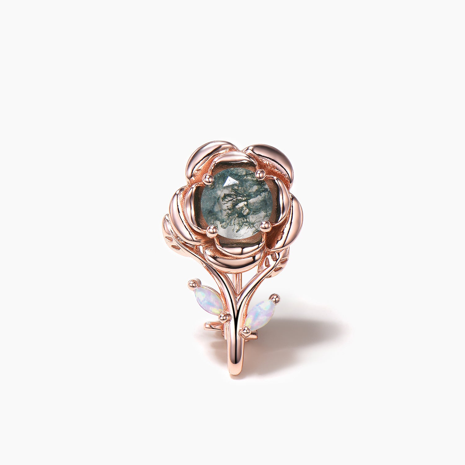 Round Cut Moss Agate Rose Gold Marquise Opal Flower Nature Inspired Brooch Pin - Elegant Vintage Jewelry for Women, Perfect for Weddings, Parties & Special Occasions