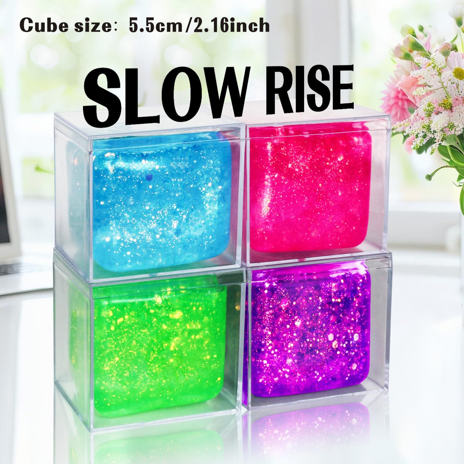 4Pcs Slow Rise Glitter Squishy Stress Relief Cubes - High Density Gel Fidget Toys for Adults & Kids, Anxiety Relief Sensory Toys for Classroom, Office, Travel | Perfect Holiday, Birthday Gifts for Friends & Family